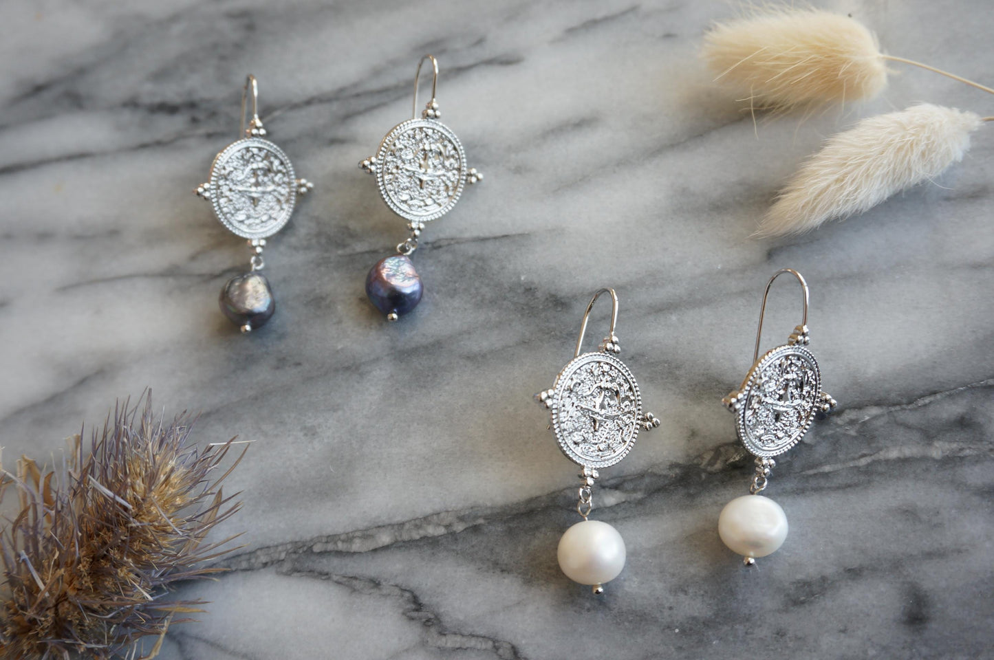 El Dorado Antique Silver Coin and Baroque White / Black Pearl Earrings / Boho Pearl Earrings