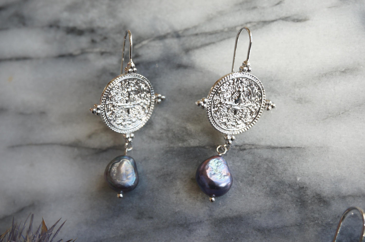 El Dorado Antique Silver Coin and Baroque White / Black Pearl Earrings / Boho Pearl Earrings