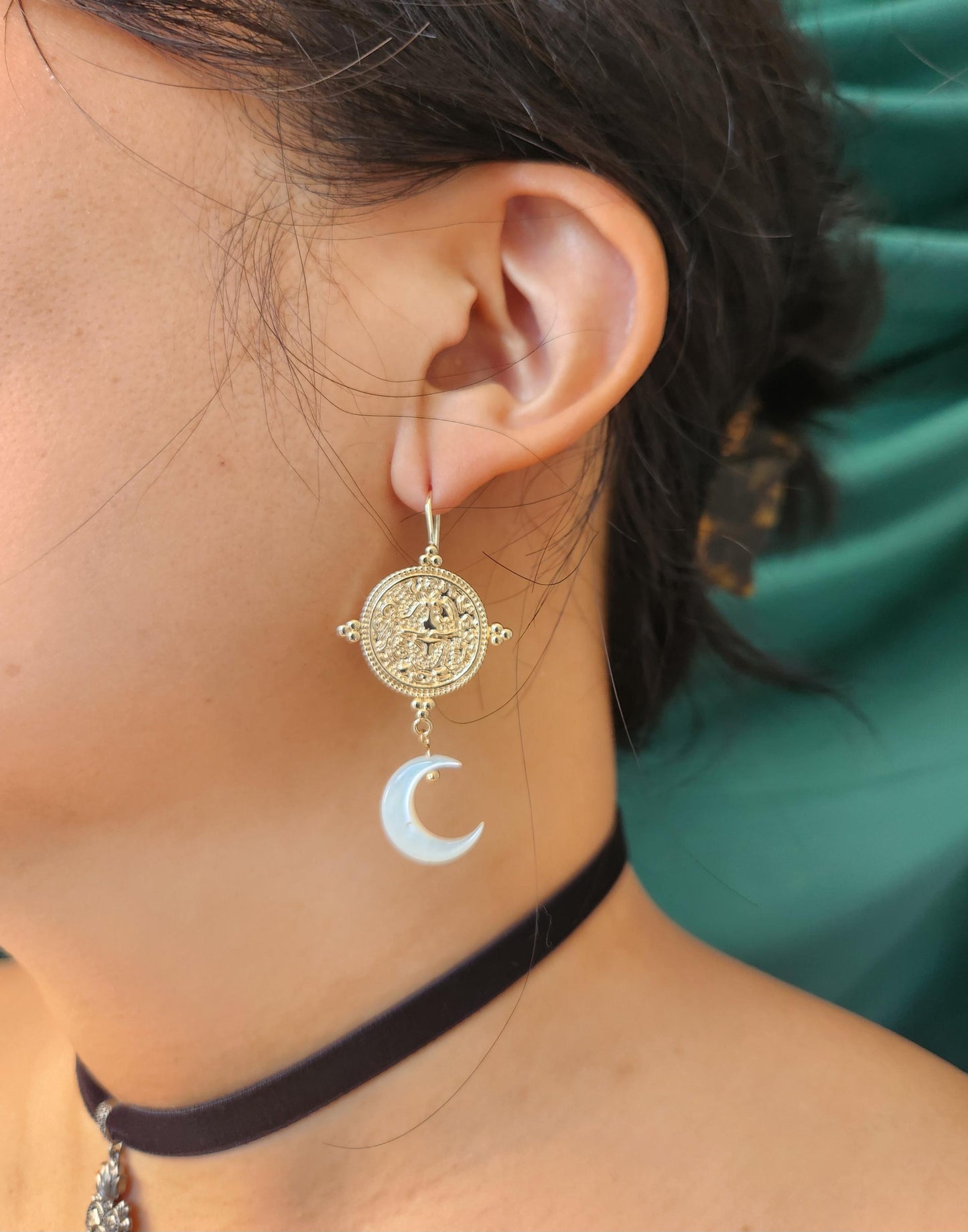LA LUNA Magic Circle and Mother of Pearl Crescent Moon Earrings / Gold and Silver Earrings