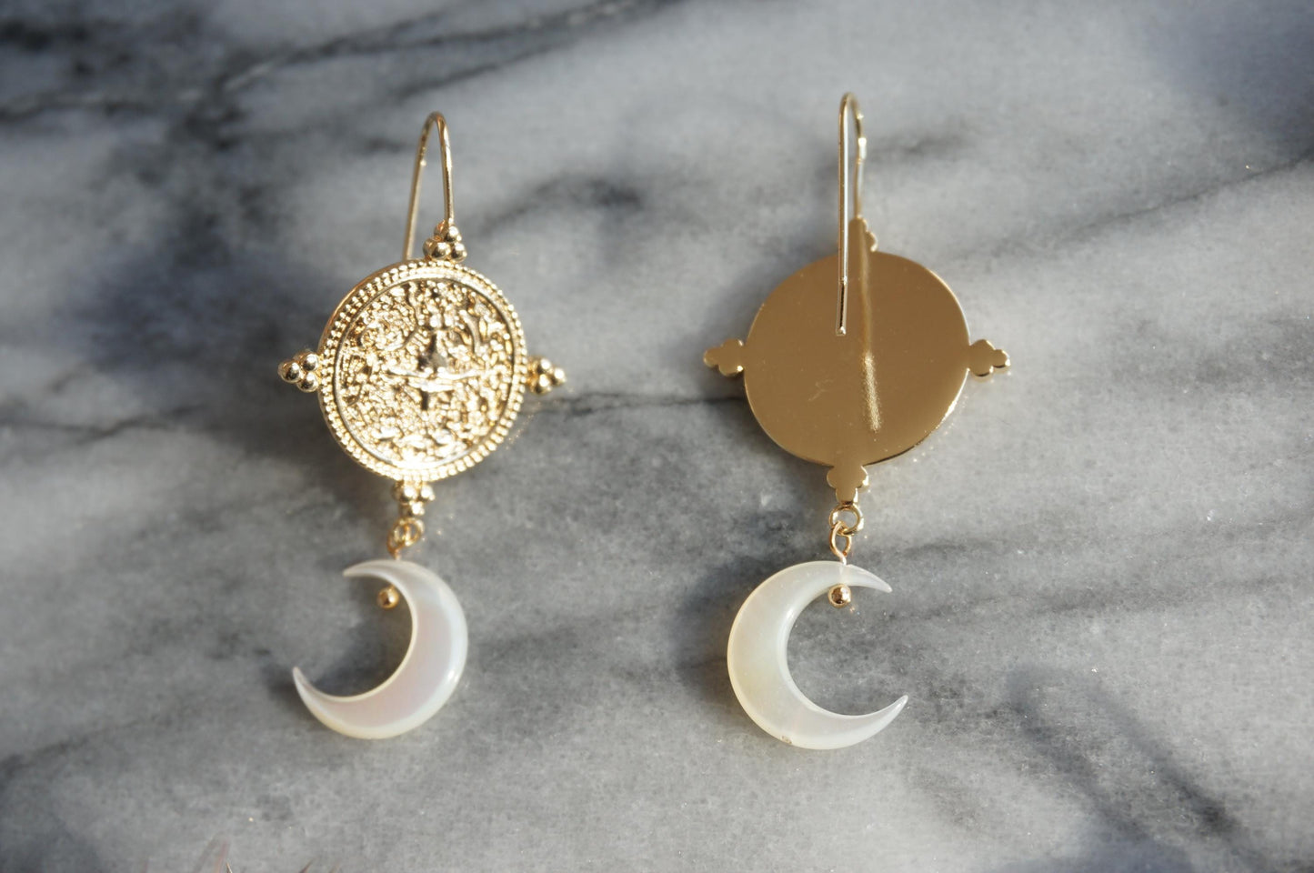 LA LUNA Magic Circle and Mother of Pearl Crescent Moon Earrings / Gold and Silver Earrings