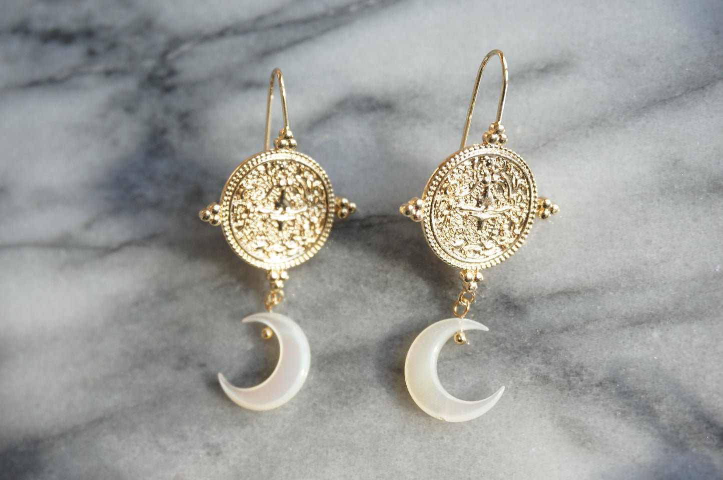 LA LUNA Magic Circle and Mother of Pearl Crescent Moon Earrings / Gold and Silver Earrings