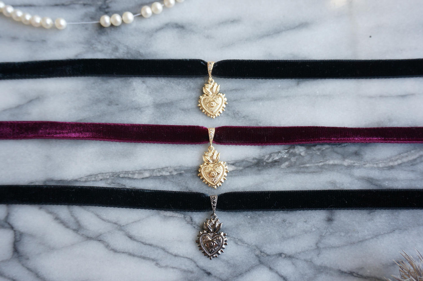 Sacred Heart with Evil Eye Pendant Velvet Choker /Black Velvet / Burgundy Velvet Choker
