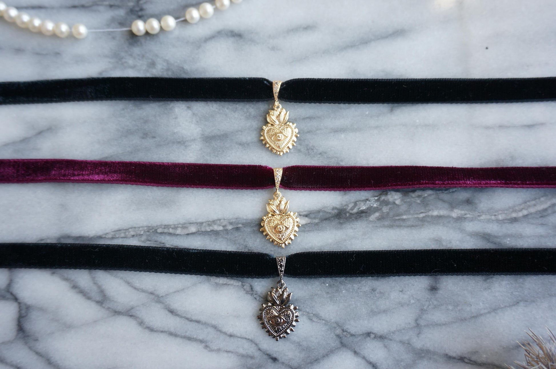 Sacred Heart with Evil Eye Pendant Velvet Choker /Black Velvet / Burgundy Velvet Choker