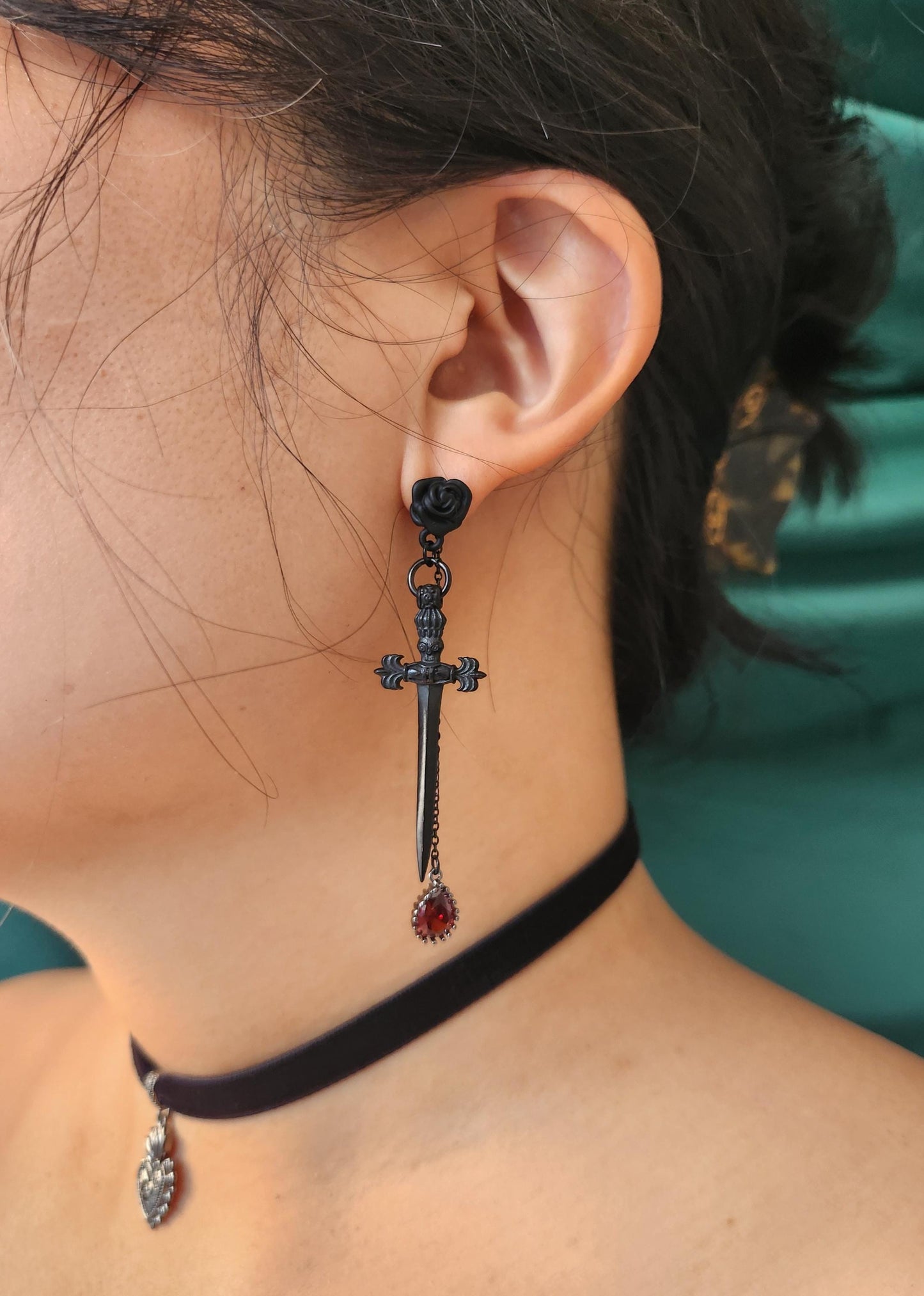 ROMEO Black Rose, Dagger and Blood Drop Earrings