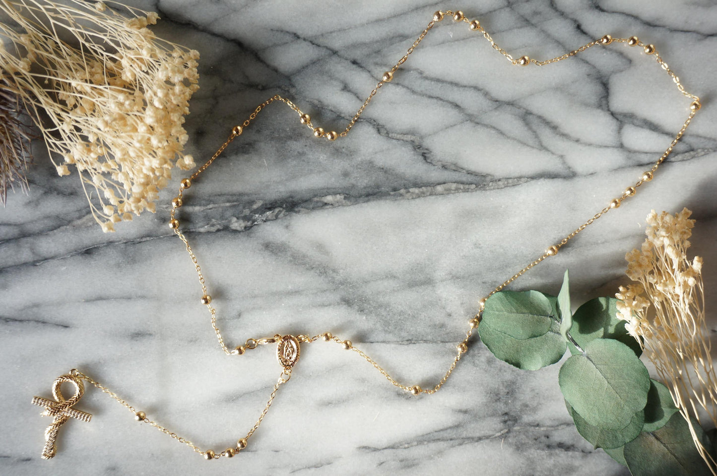 Snake Ankh Gold Rosary Style Necklace / Cross Necklace