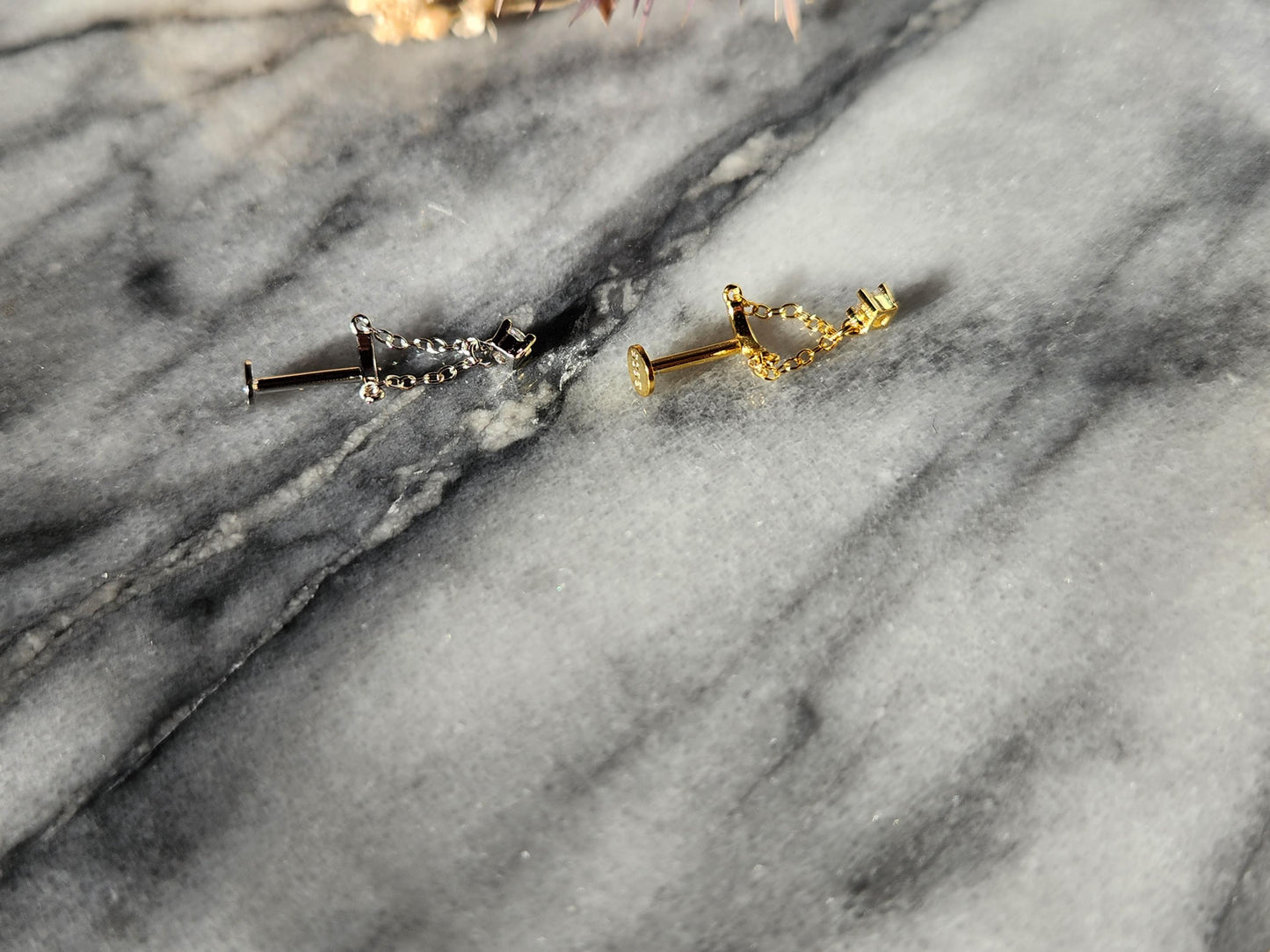 925 Sterling Silver gold / Silver Gem Dangle Flat Back Studs / Bar
