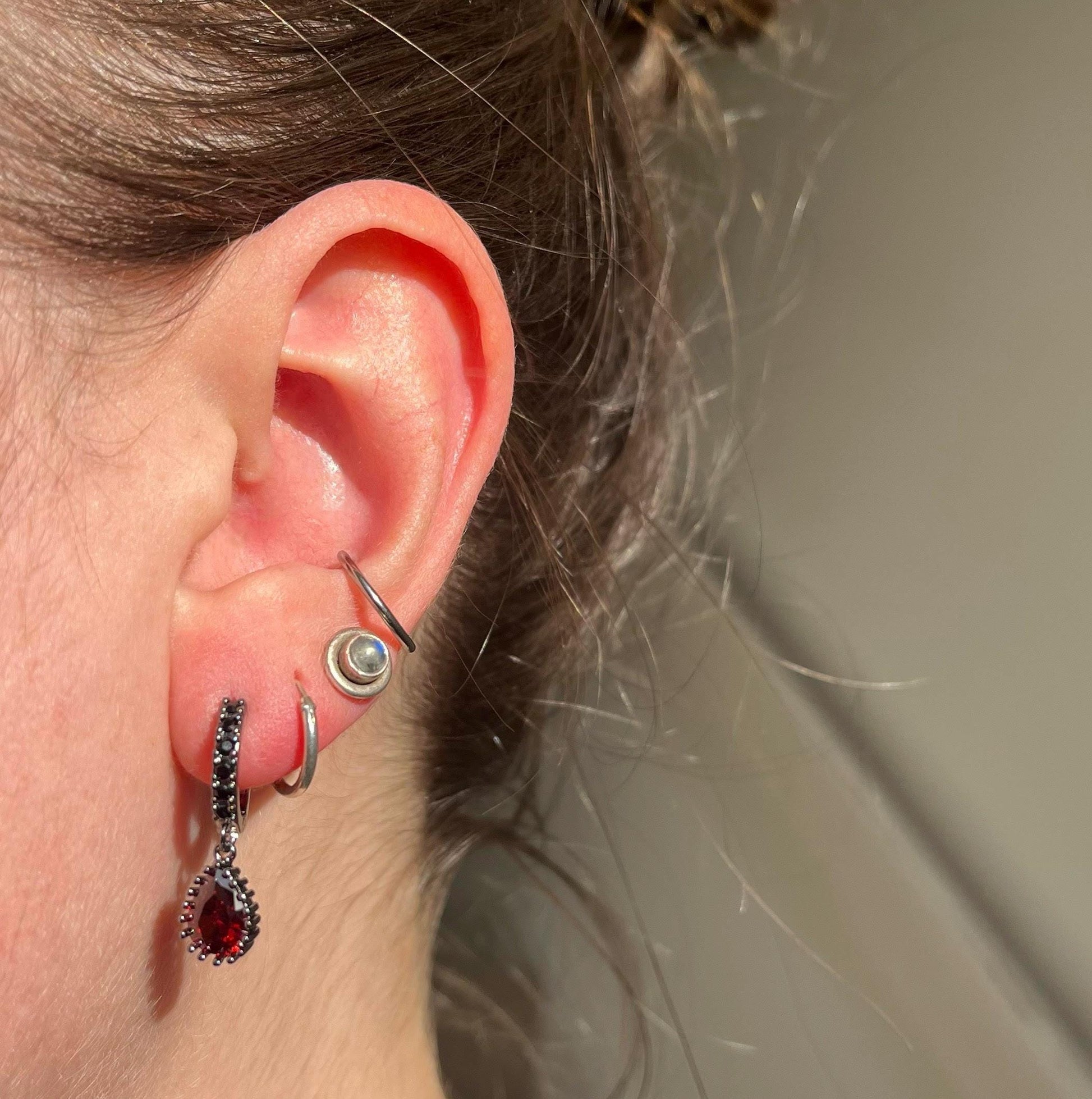 RUBY Gold/Silver/Black Red Teardrop Huggie Earrings with Black Cubic