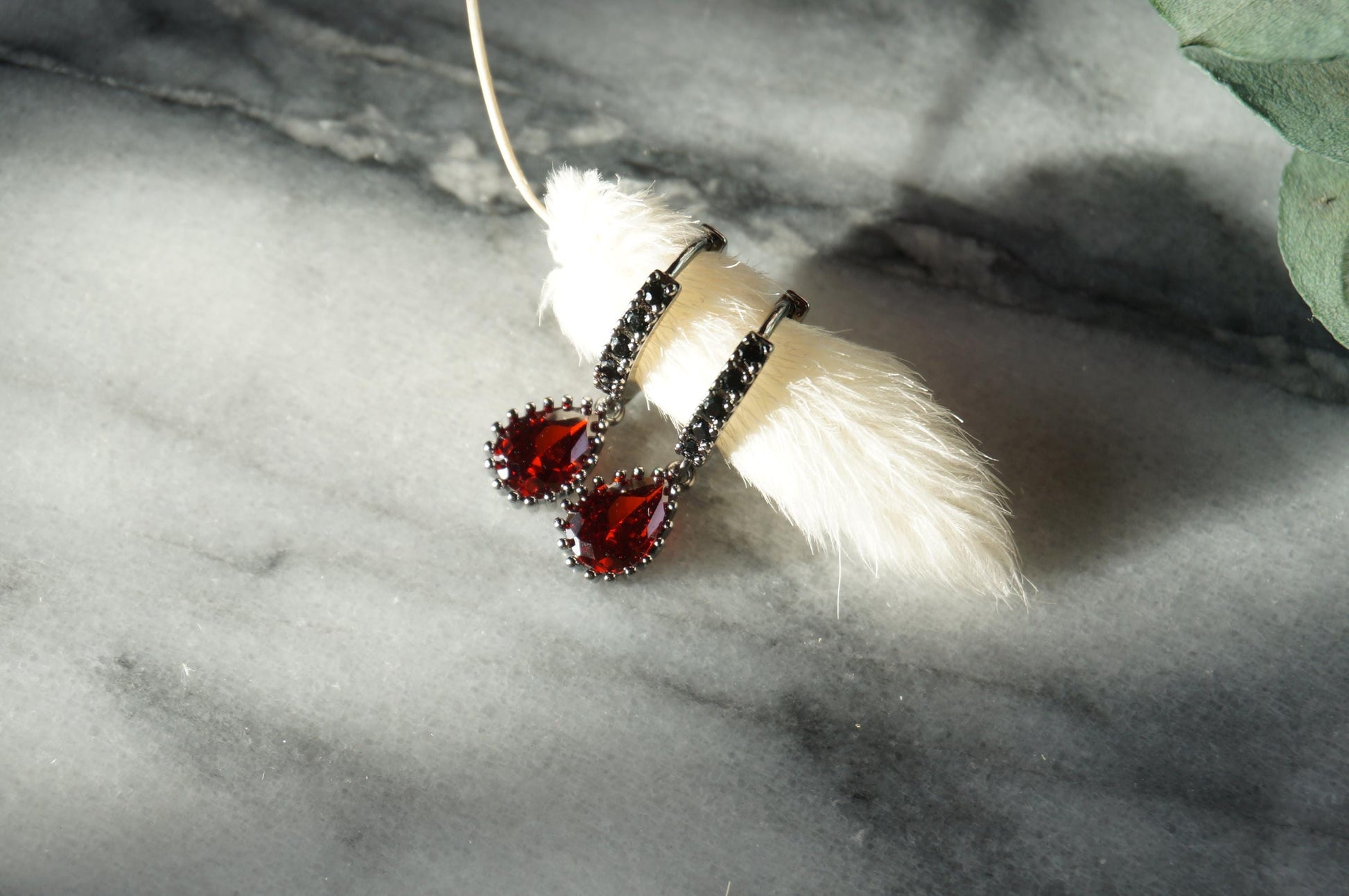 RUBY Gold/Silver/Black Red Teardrop Huggie Earrings with Black Cubic