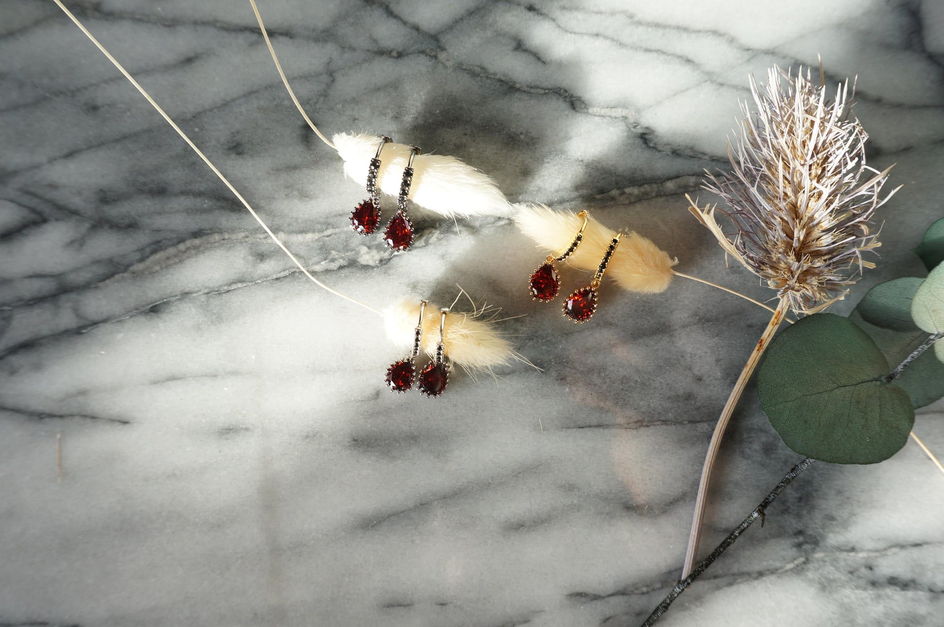 RUBY Gold/Silver/Black Red Teardrop Huggie Earrings with Black Cubic