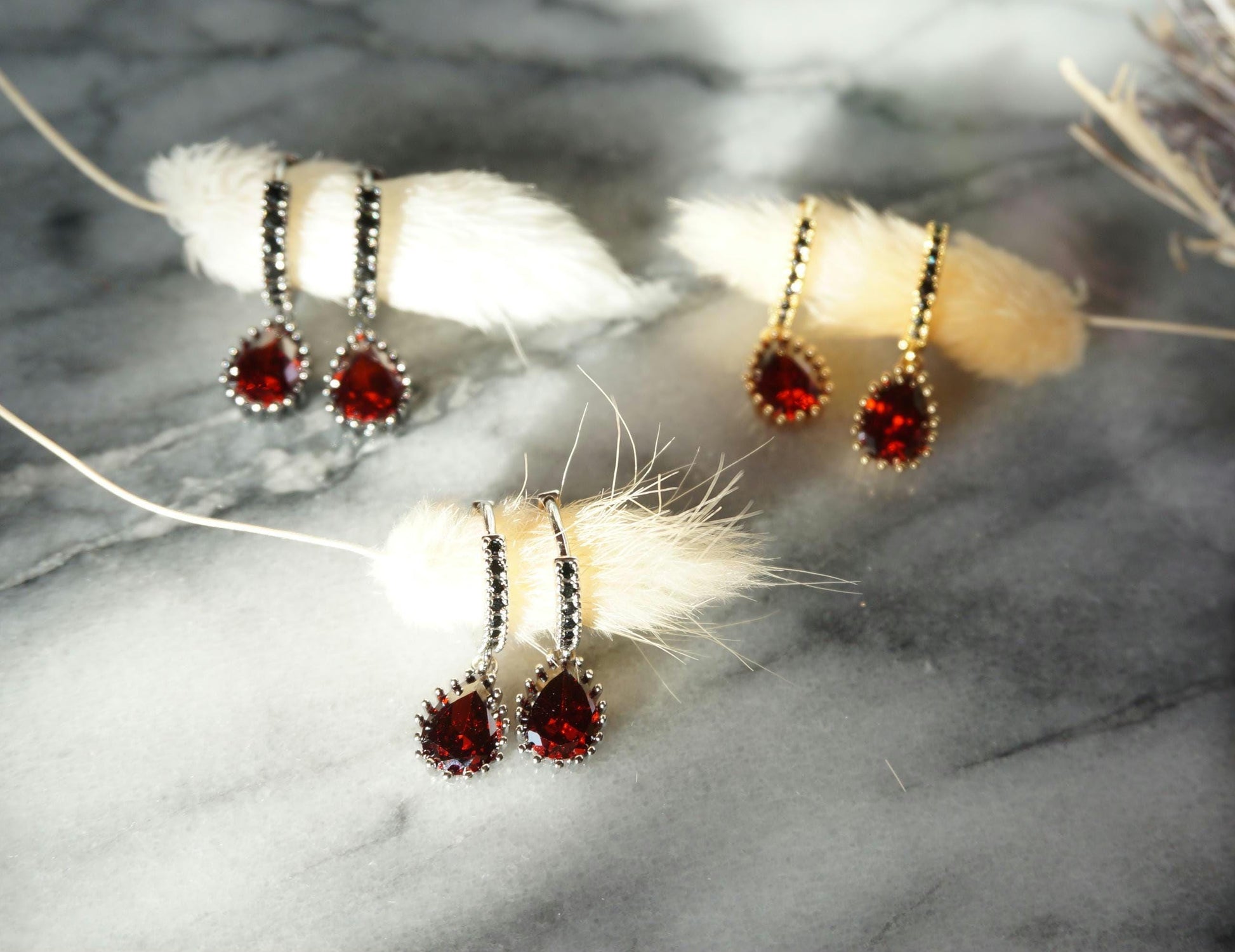 RUBY Gold/Silver/Black Red Teardrop Huggie Earrings with Black Cubic