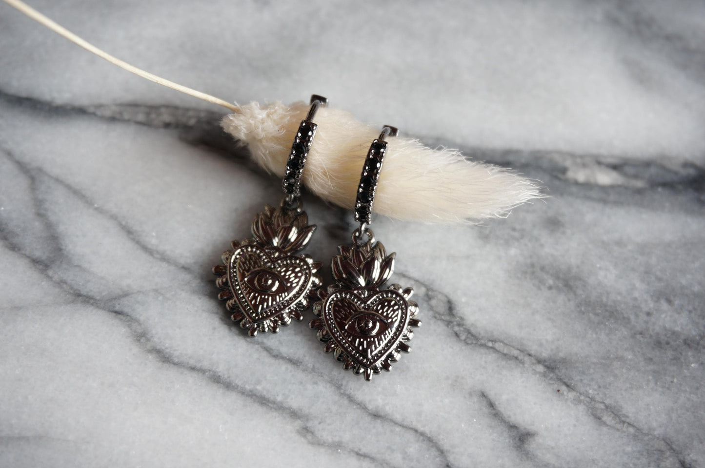 Simple Sacred Heart with Evil Eye Gold / Silver / Black Huggie Earrings