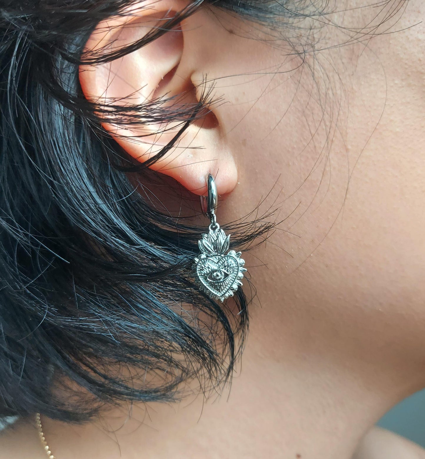 Simple Sacred Heart with Evil Eye Gold / Silver / Black Huggie Earrings