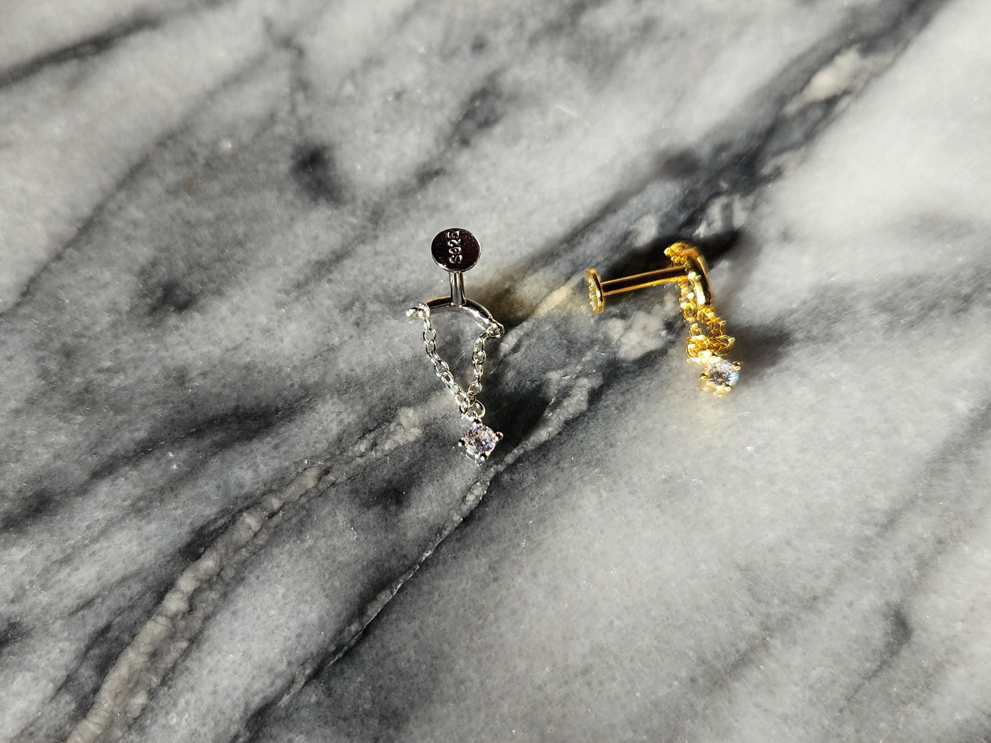 925 Sterling Silver gold / Silver Gem Dangle Flat Back Studs / Bar