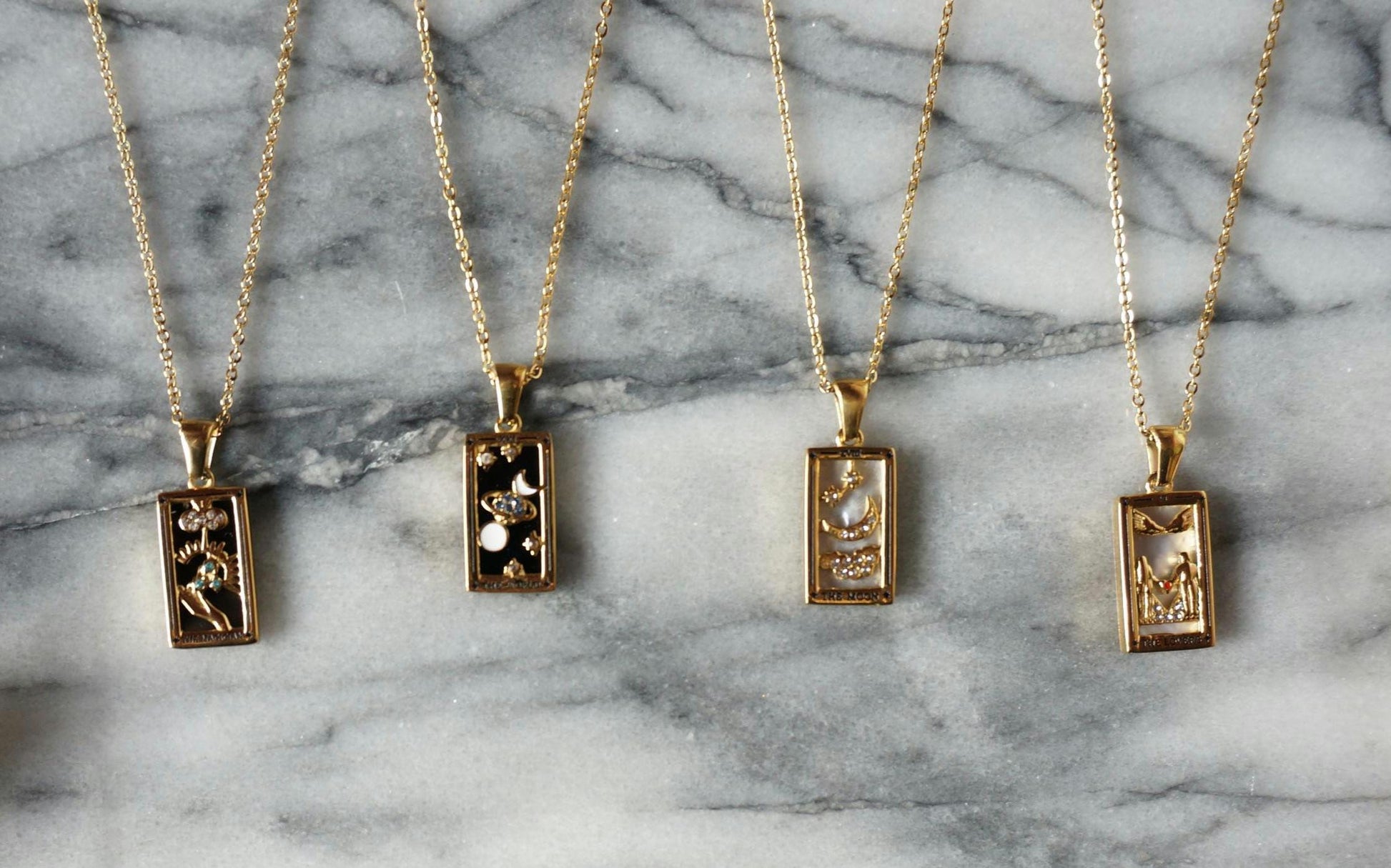 Gold Tarot Card Necklace / The Moon / The Lovers / The Magician / The World