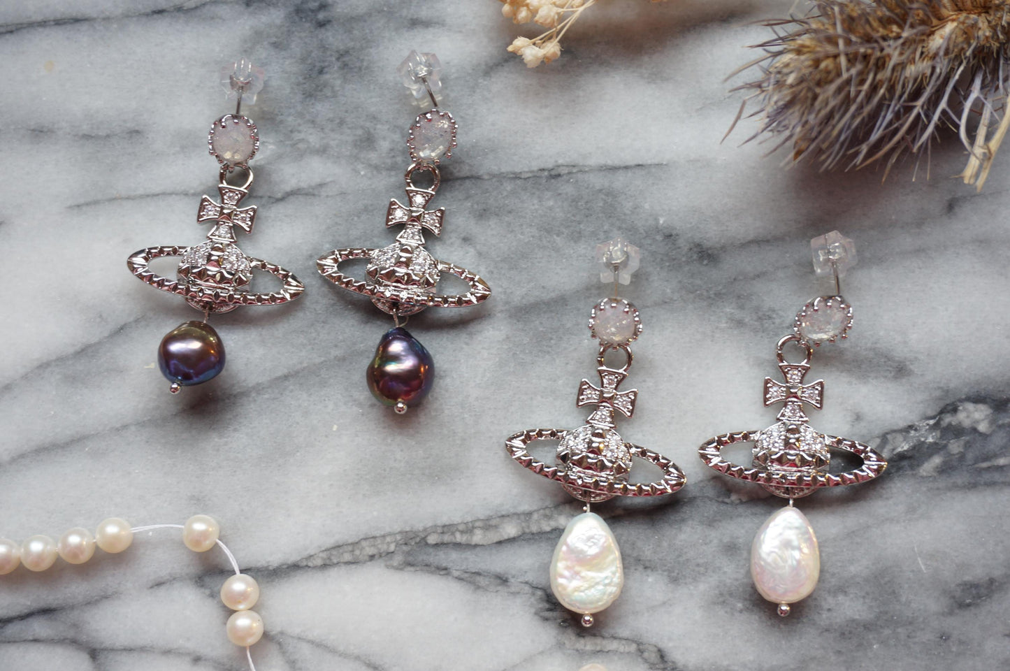 VICTORIA Gold/Silver Orb and Teardrop Pearl / Black Pearl Earrings