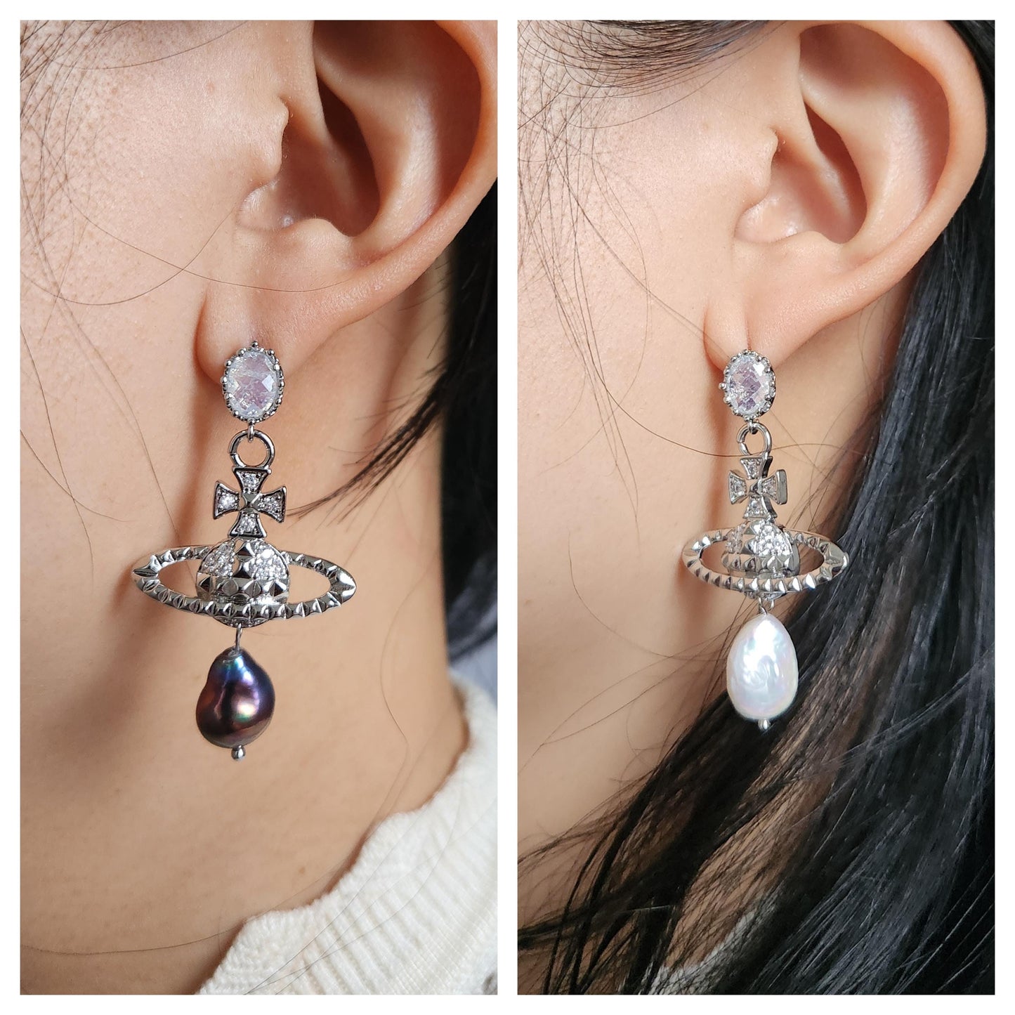 VICTORIA Gold/Silver Orb and Teardrop Pearl / Black Pearl Earrings