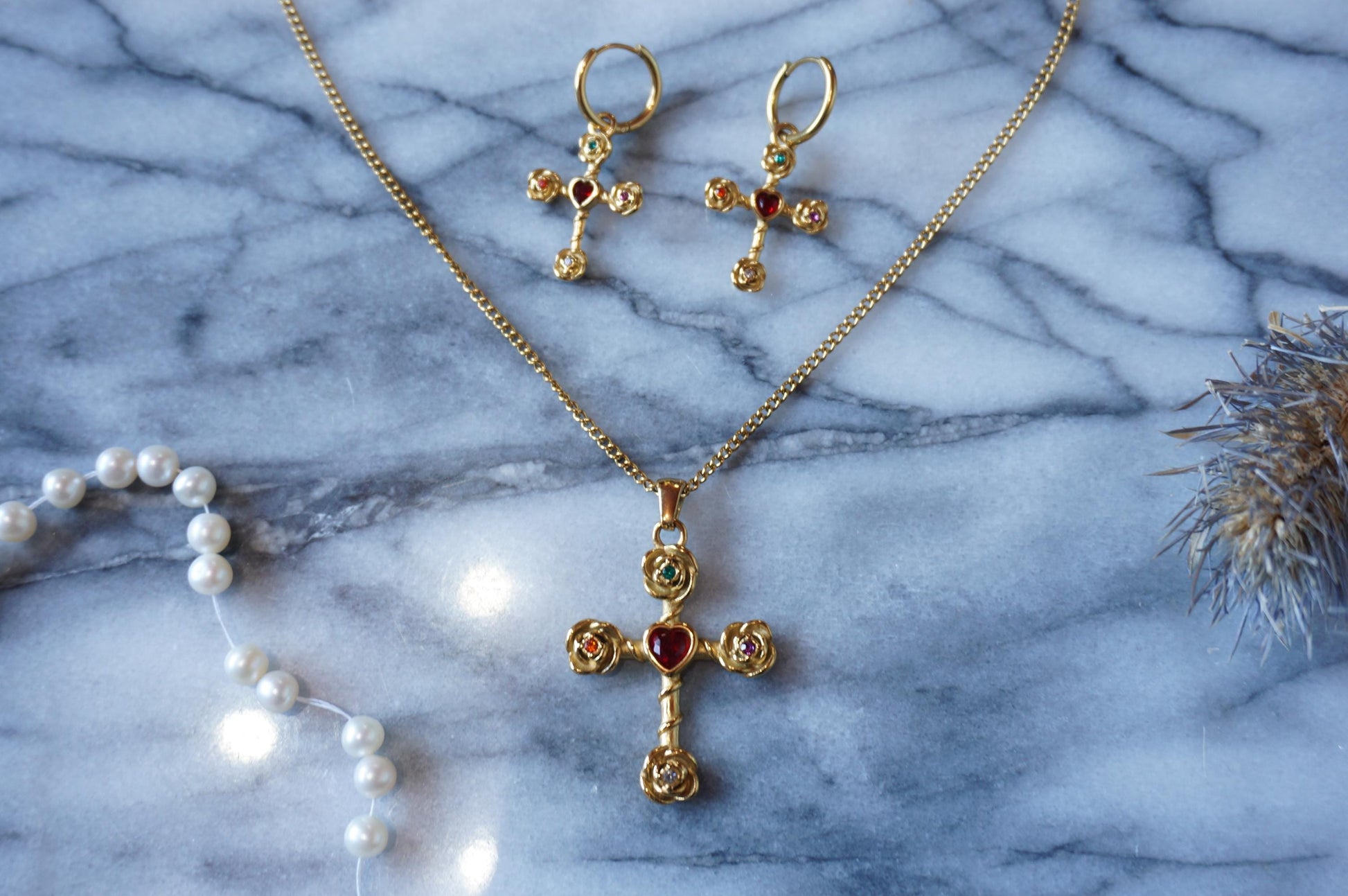 Heart Gem Cross necklace and earrings
