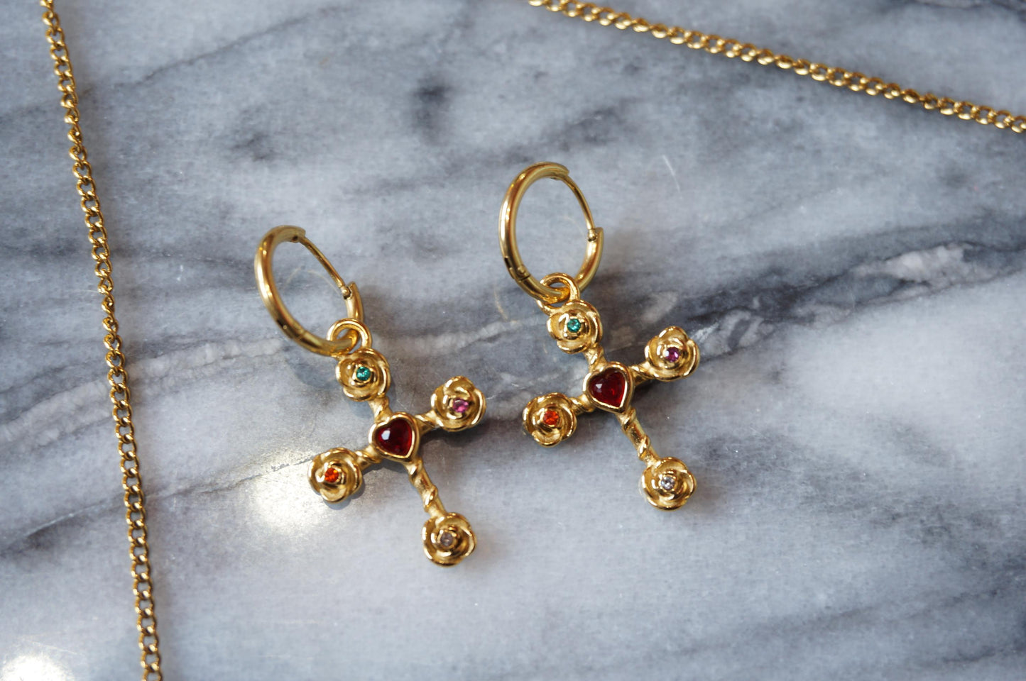 Heart Gem Cross necklace and earrings