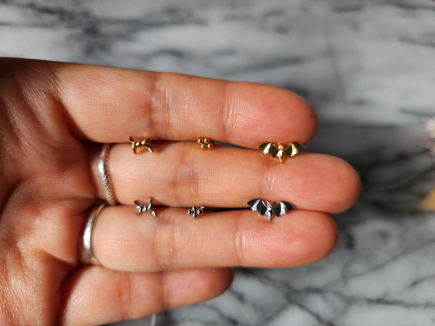 Flat Back Piercing / Screw on Stud / Bats / / Tragus / Conch/ Helix Piercing in Gold/ Silver