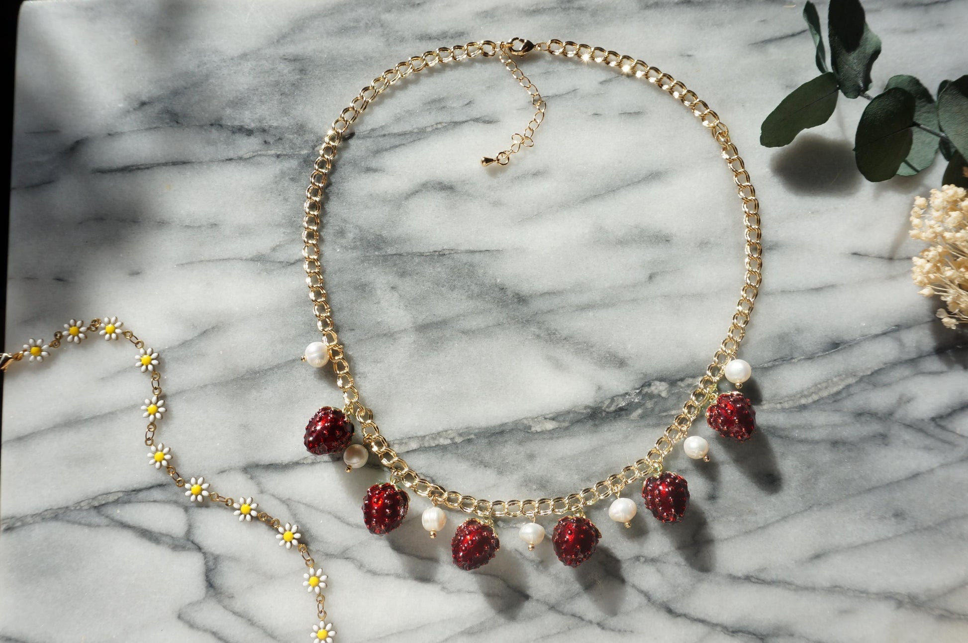 Strawberry Field Pearl cluster necklace, strawberries and pearl gold necklace