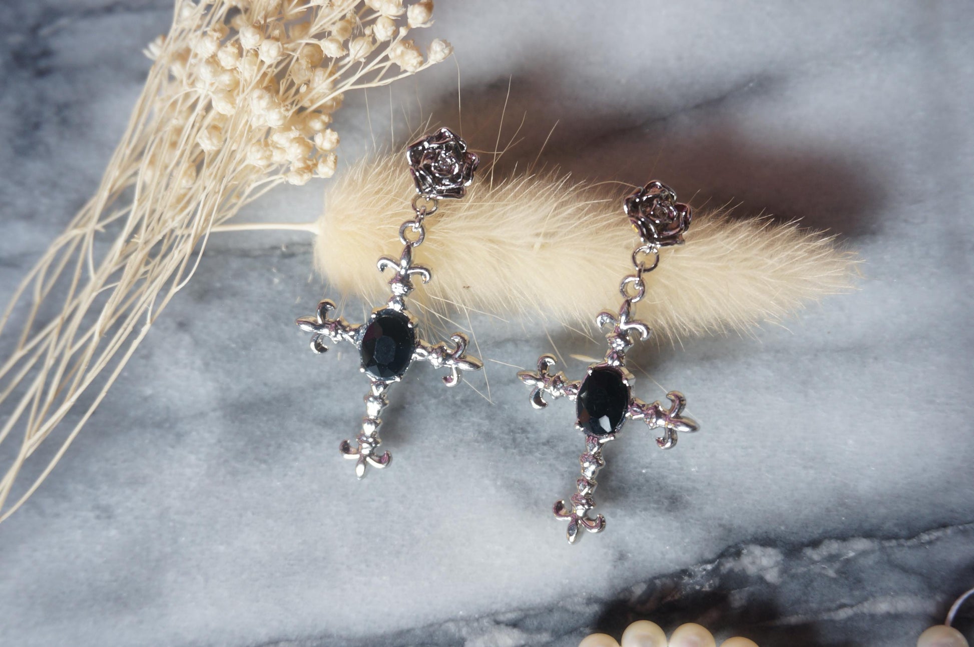 EDITH Rose Stud and Black Gem Cross Earrings