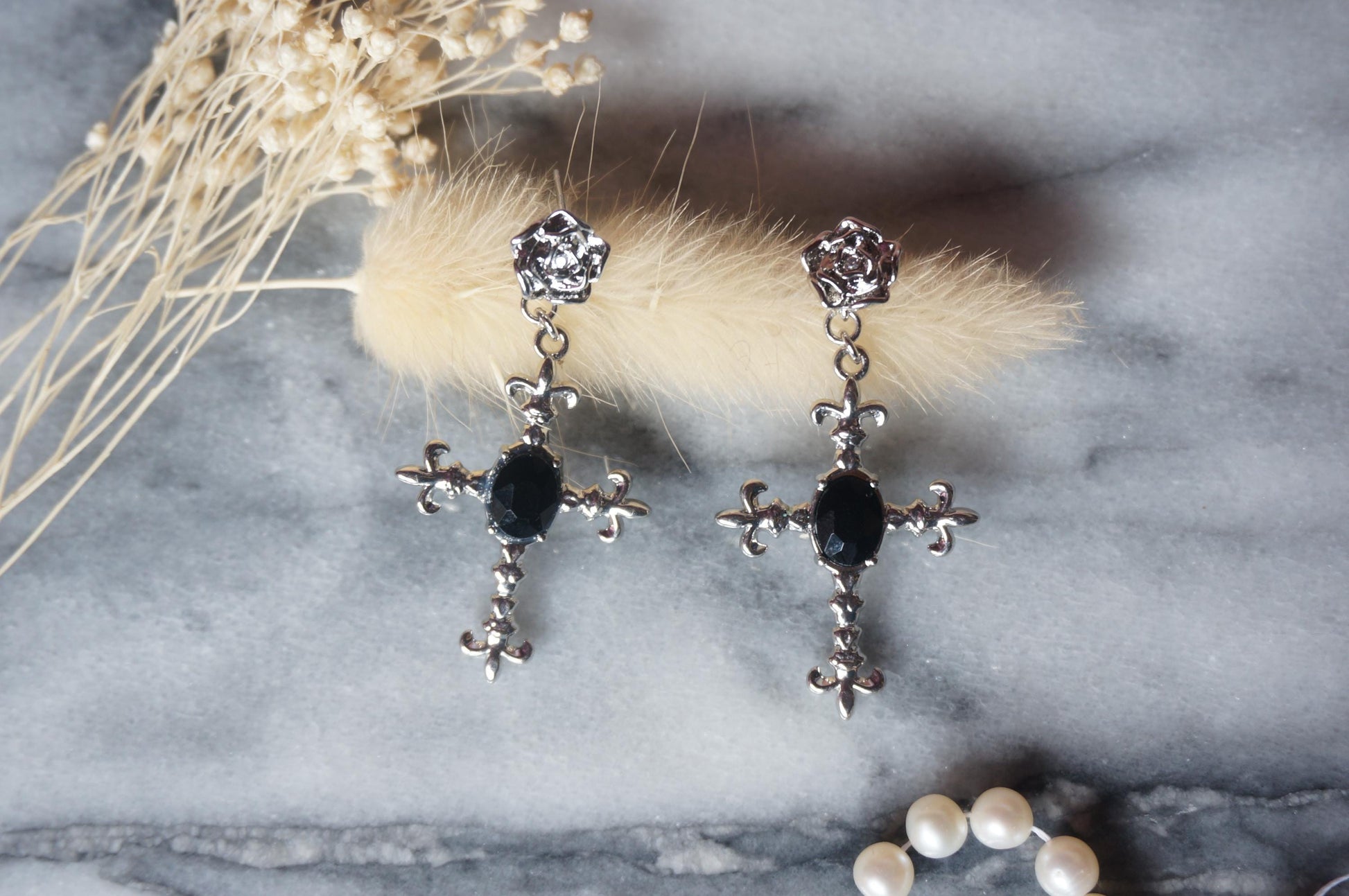 EDITH Rose Stud and Black Gem Cross Earrings