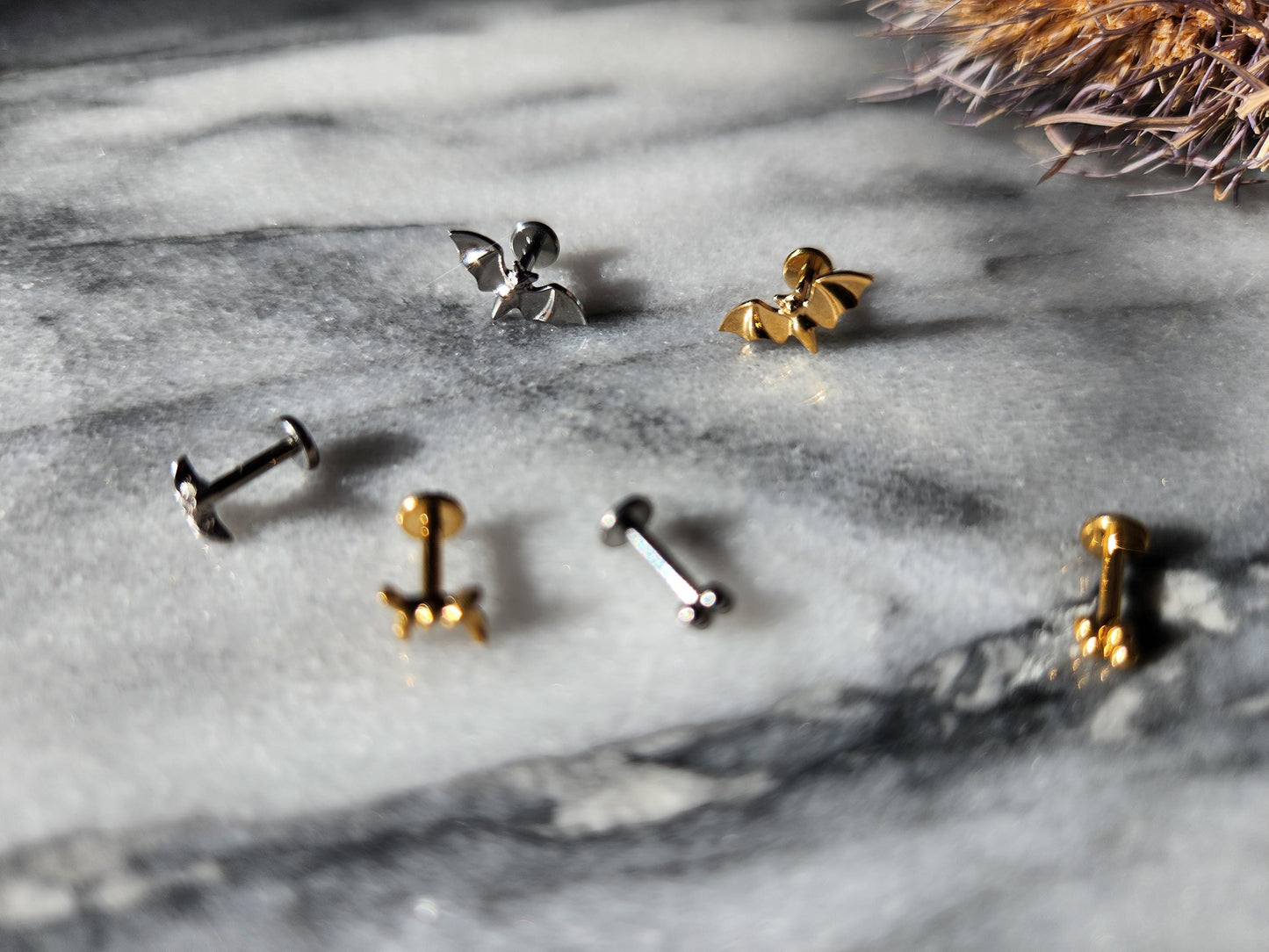 Flat Back Piercing / Screw on Stud / Bats / / Tragus / Conch/ Helix Piercing in Gold/ Silver