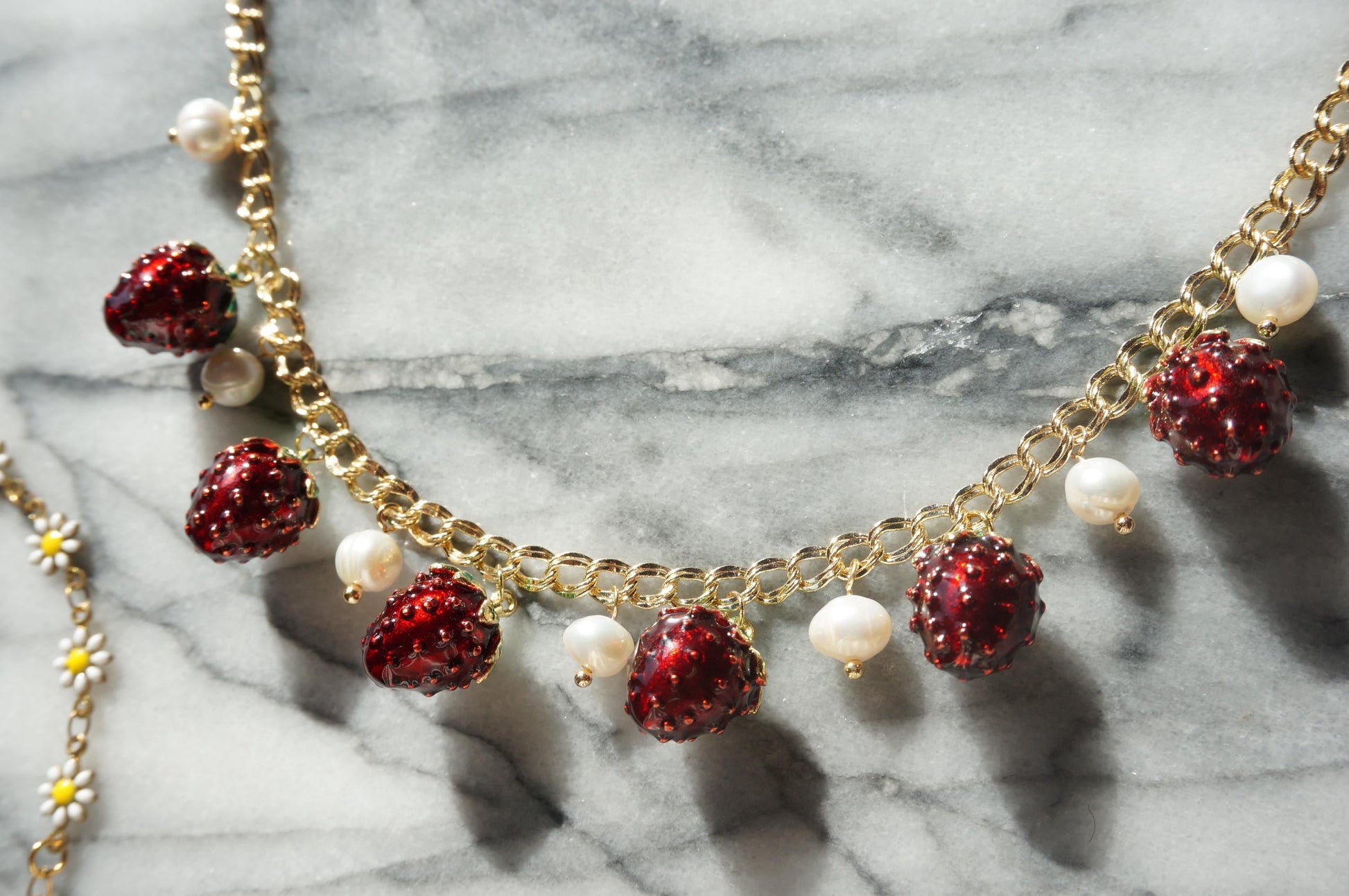 Strawberry Field Pearl cluster necklace, strawberries and pearl gold necklace
