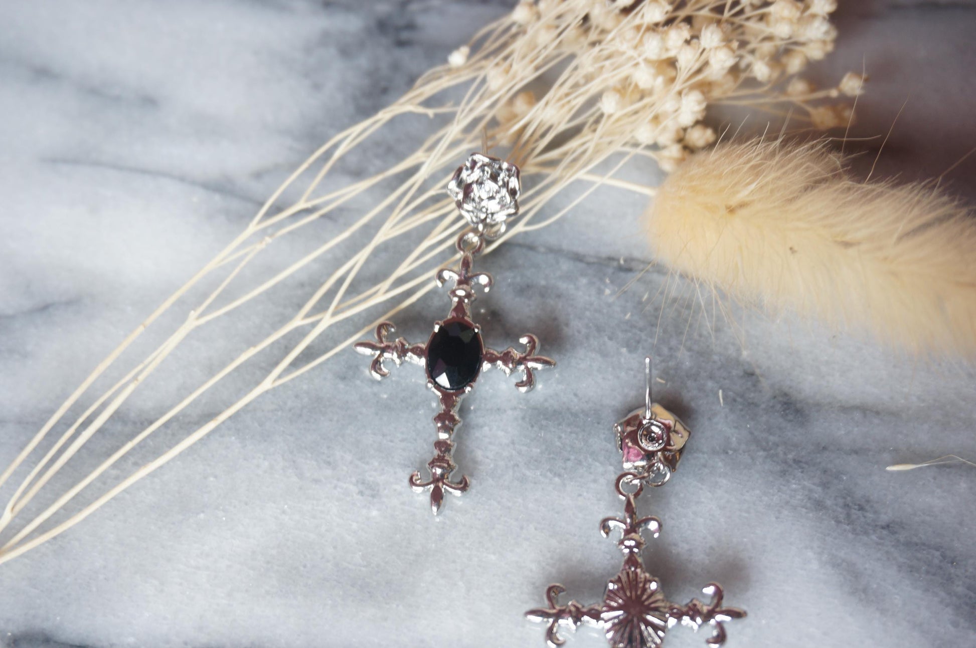 EDITH Rose Stud and Black Gem Cross Earrings