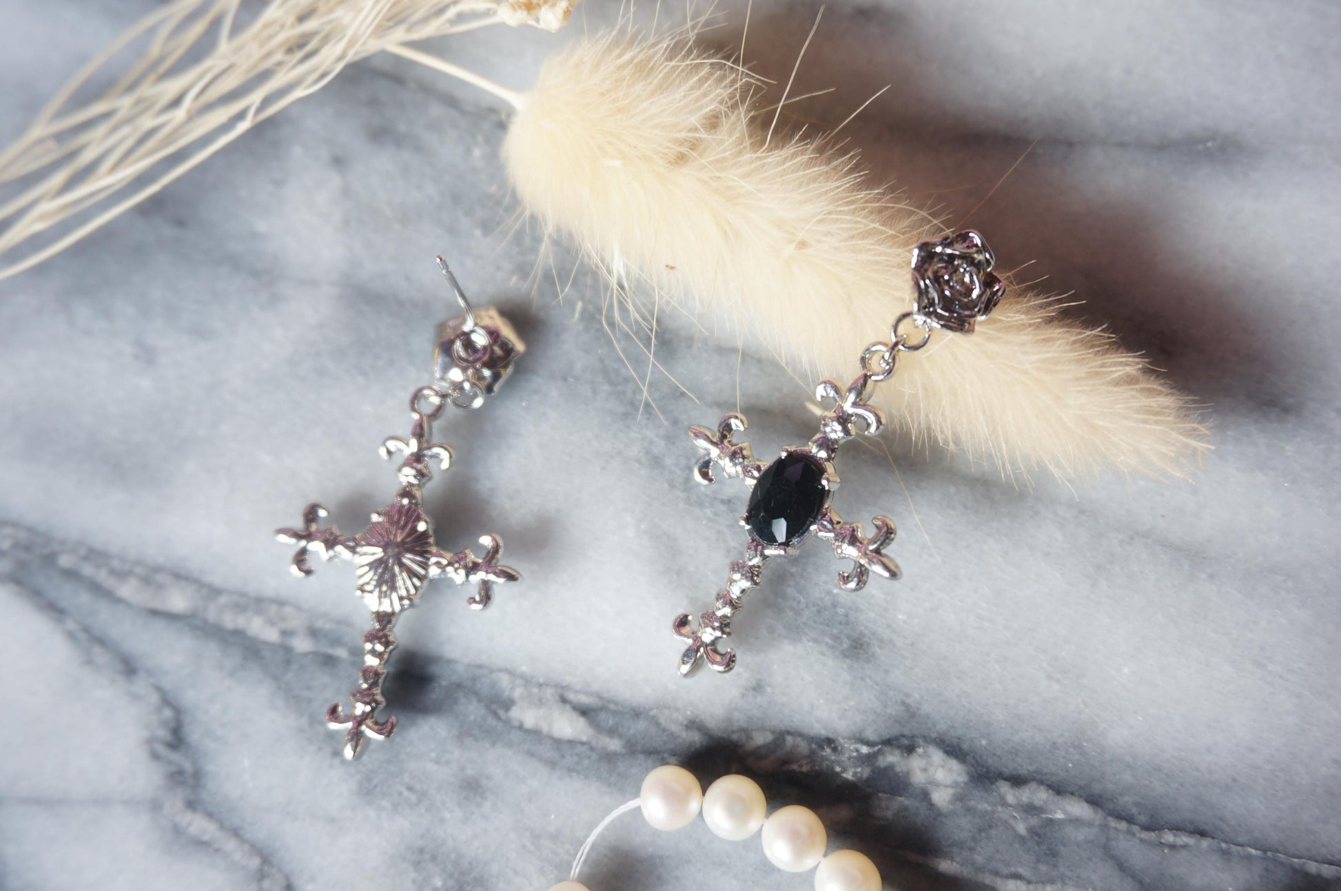 EDITH Rose Stud and Black Gem Cross Earrings