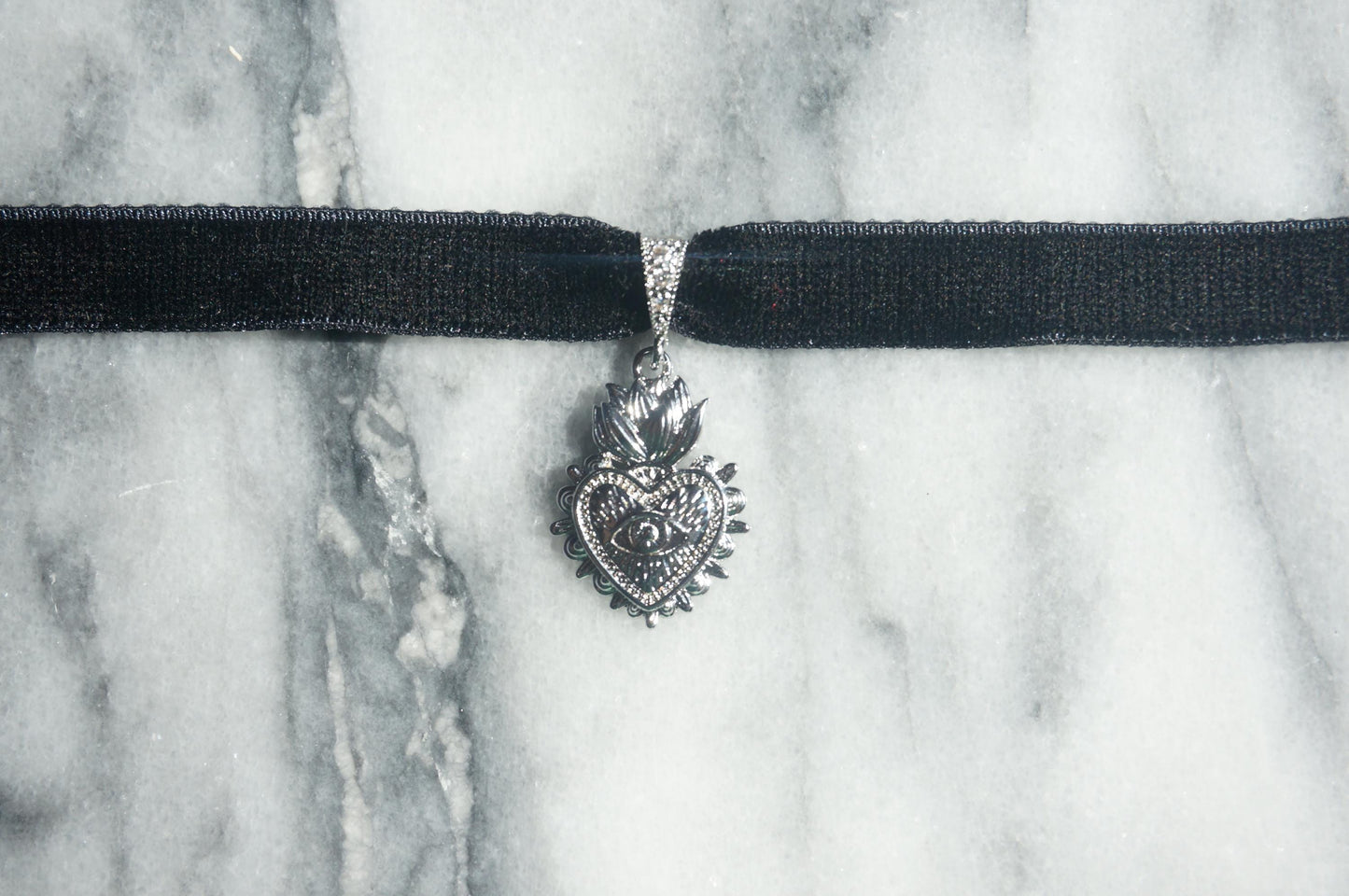 Sacred Heart with Evil Eye Pendant Velvet Choker /Black Velvet / Burgundy Velvet Choker