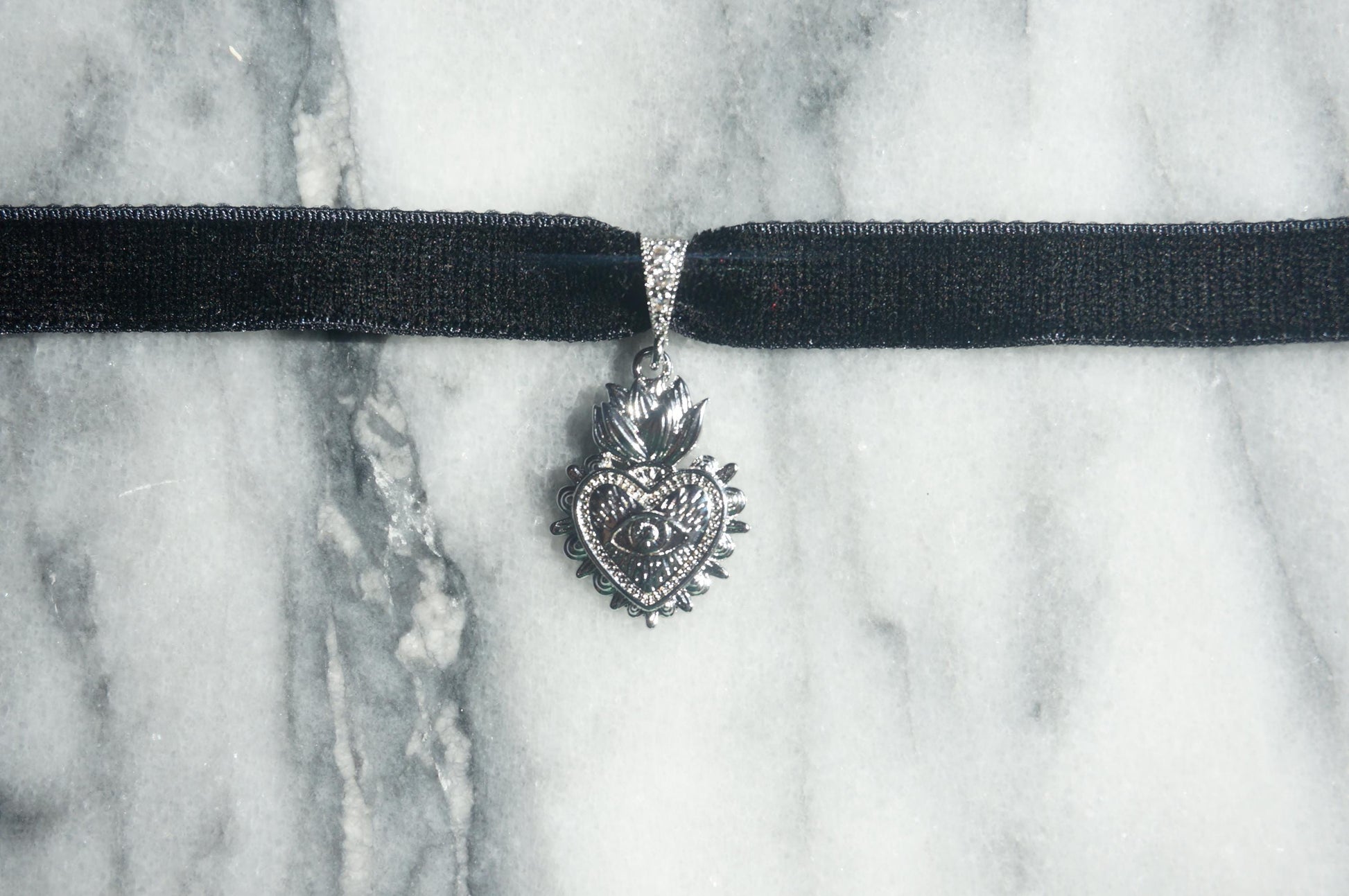 Sacred Heart with Evil Eye Pendant Velvet Choker /Black Velvet / Burgundy Velvet Choker