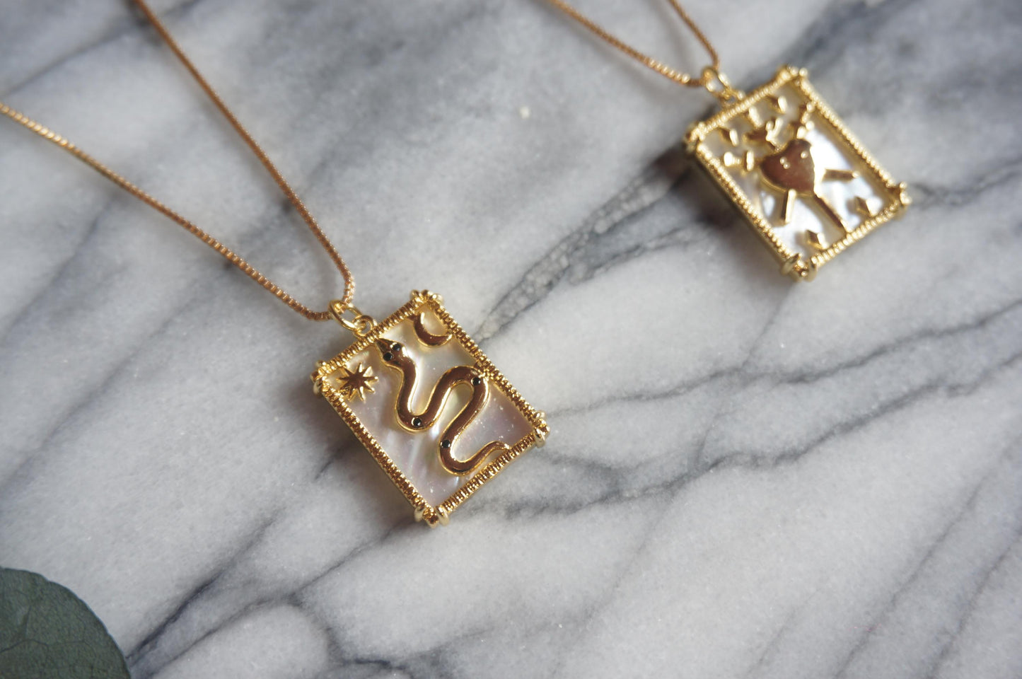 Gold Tarot card mother of pearl necklaces / Three of swords/ The Snake/ The fortune