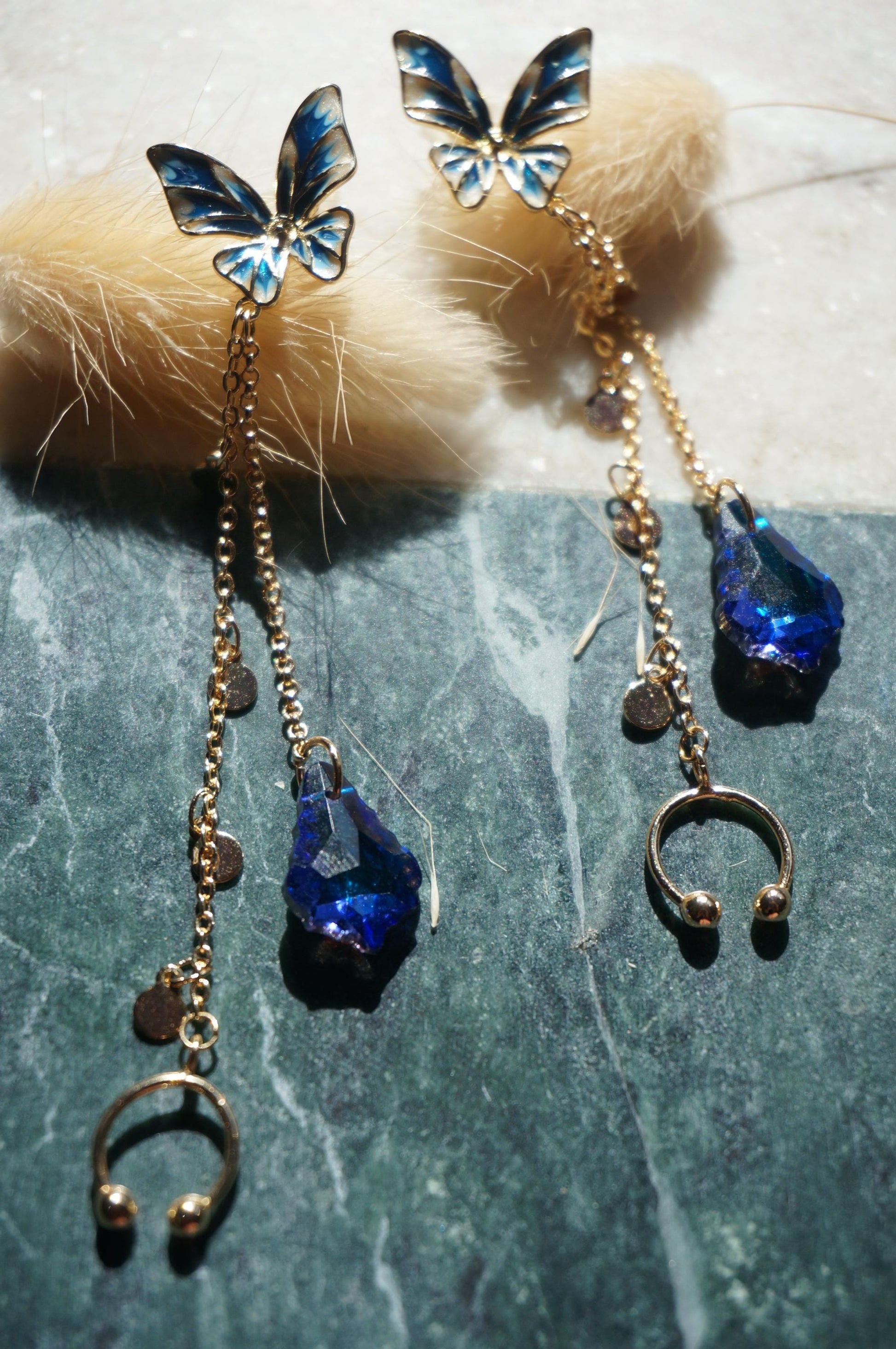 Maeve Faerie blue butterfly cuff earrings with blue iridescent crystal / Fairy earrings