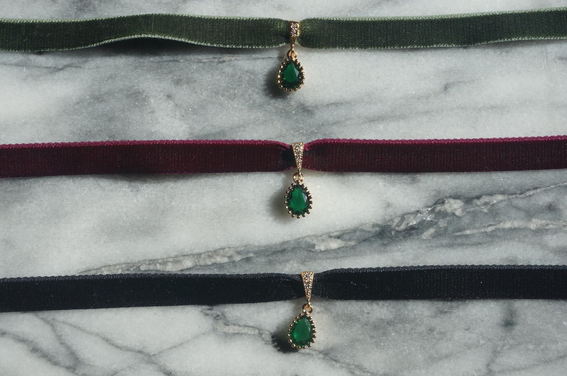 IVY Green Teardrop and Burgundy/Black Stretch Velvet Choker
