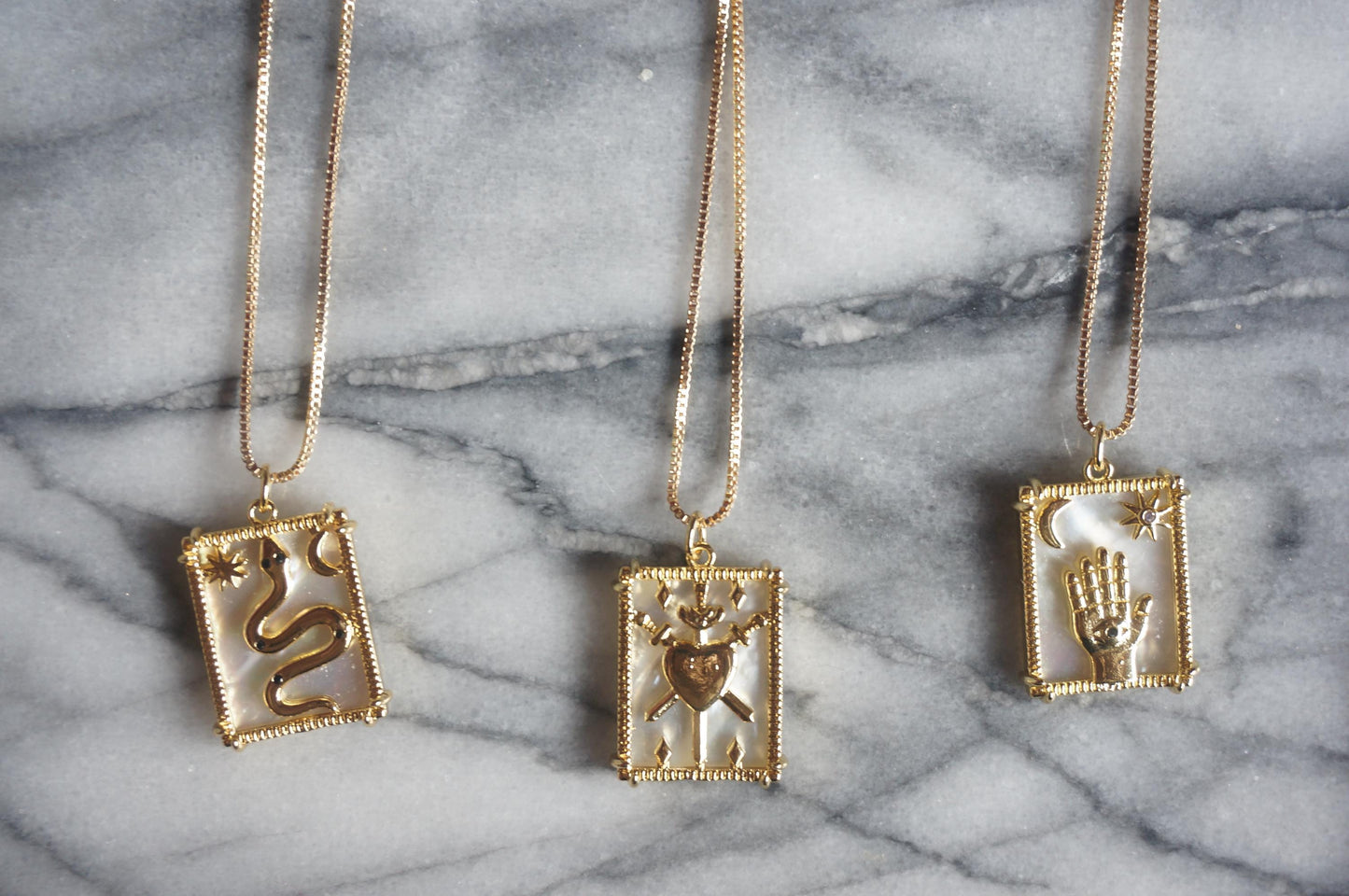 Gold Tarot card mother of pearl necklaces / Three of swords/ The Snake/ The fortune