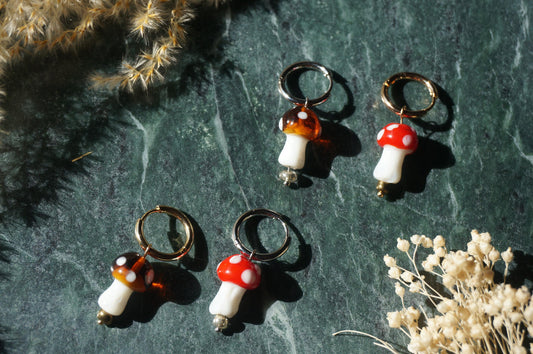 Brown/Red Mushroom Hoop Earrings / Fairycore Mushroom huggie earrings / faerie Earrings / Gold Silver Mushroom Festival Earrings