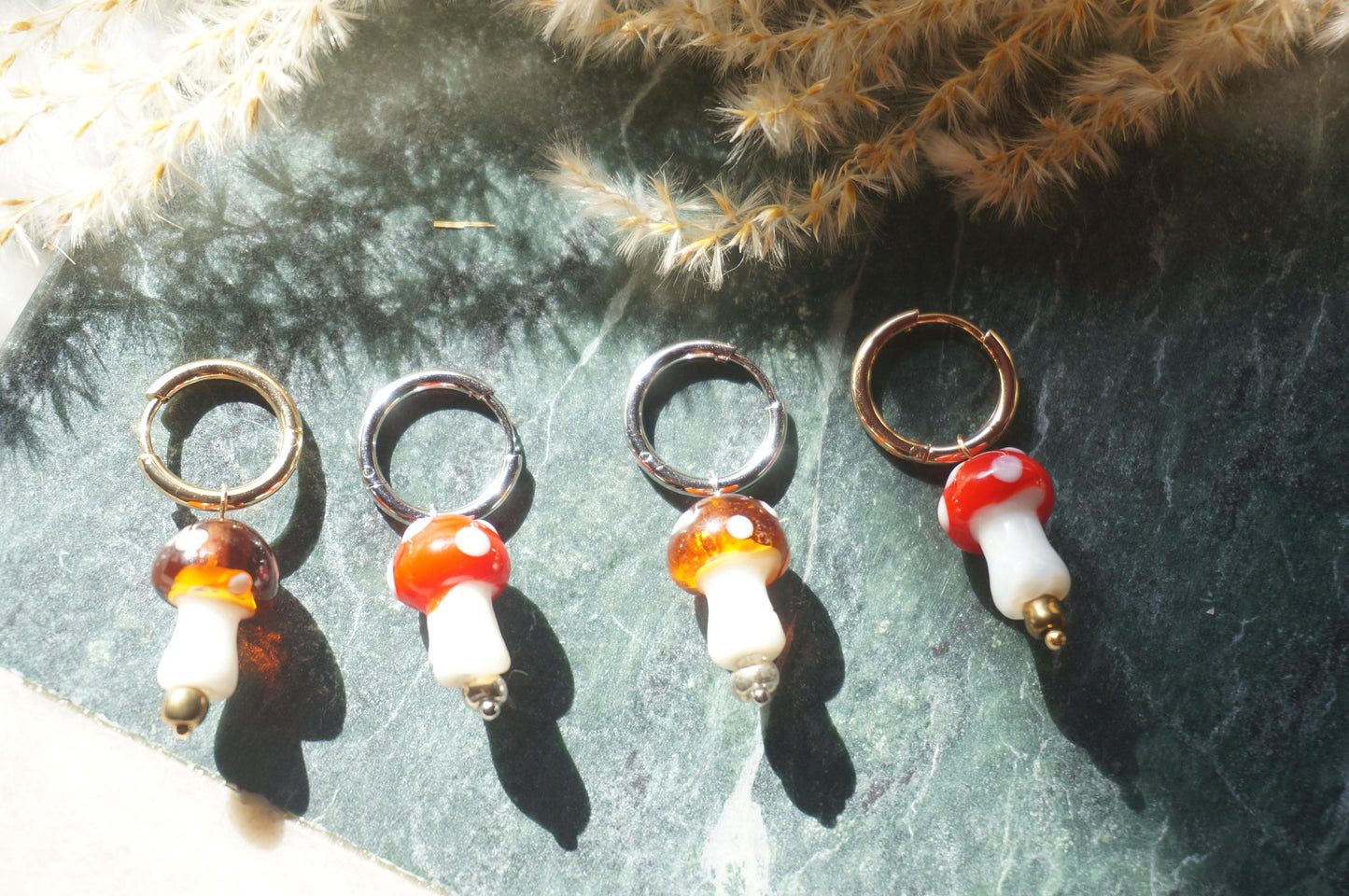 Brown/Red Mushroom Hoop Earrings / Fairycore Mushroom huggie earrings / faerie Earrings / Gold Silver Mushroom Festival Earrings