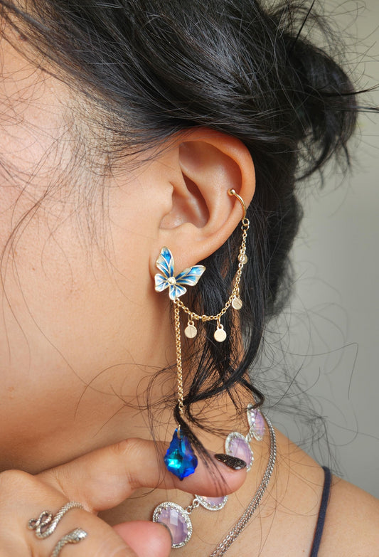 Maeve Faerie blue butterfly cuff earrings with blue iridescent crystal / Fairy earrings