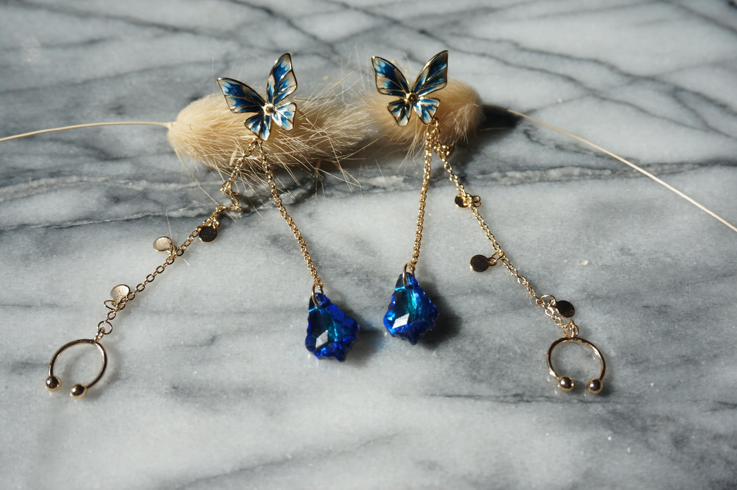Maeve Faerie blue butterfly cuff earrings with blue iridescent crystal / Fairy earrings