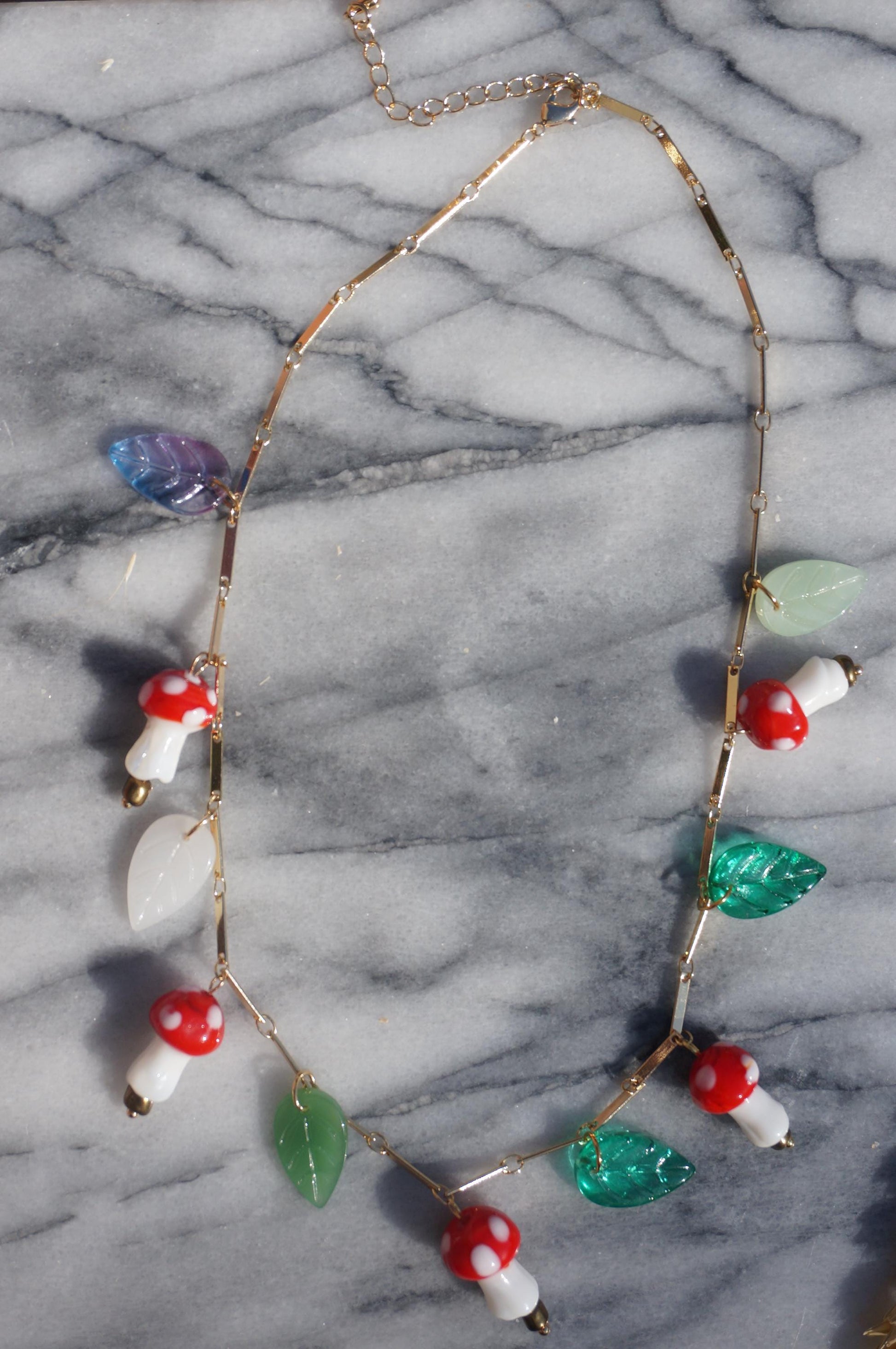 Shroompetal Brown and red Mushroom and leaves cluster necklace / gold and silver / fairycore mushroom necklace / fae festival necklace
