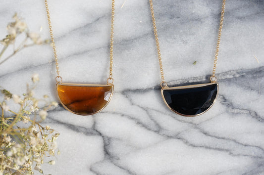 Glass Half Moon Necklace / Black Brown / Geometric Gold Necklace