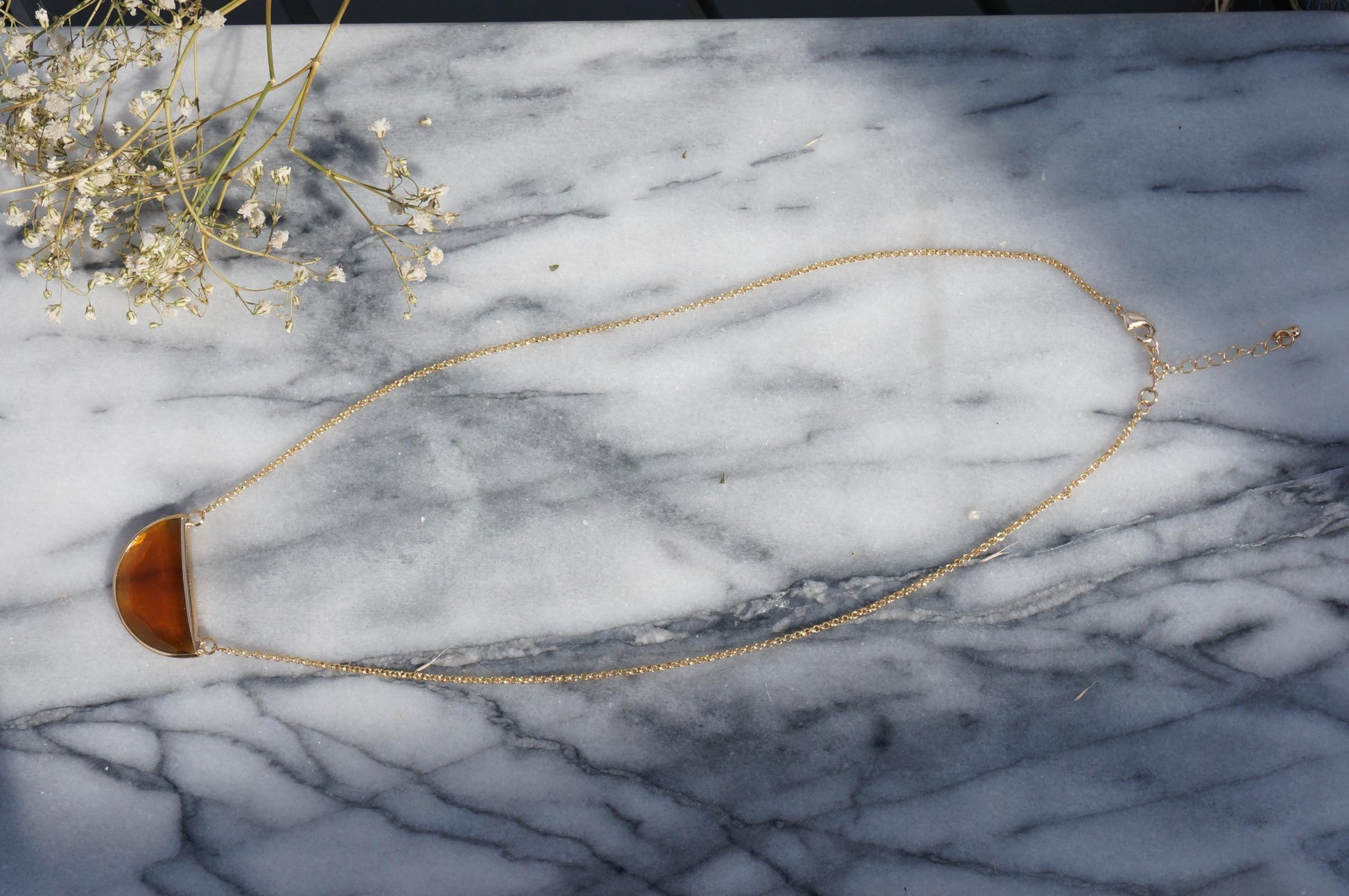 Glass Half Moon Necklace / Black Brown / Geometric Gold Necklace