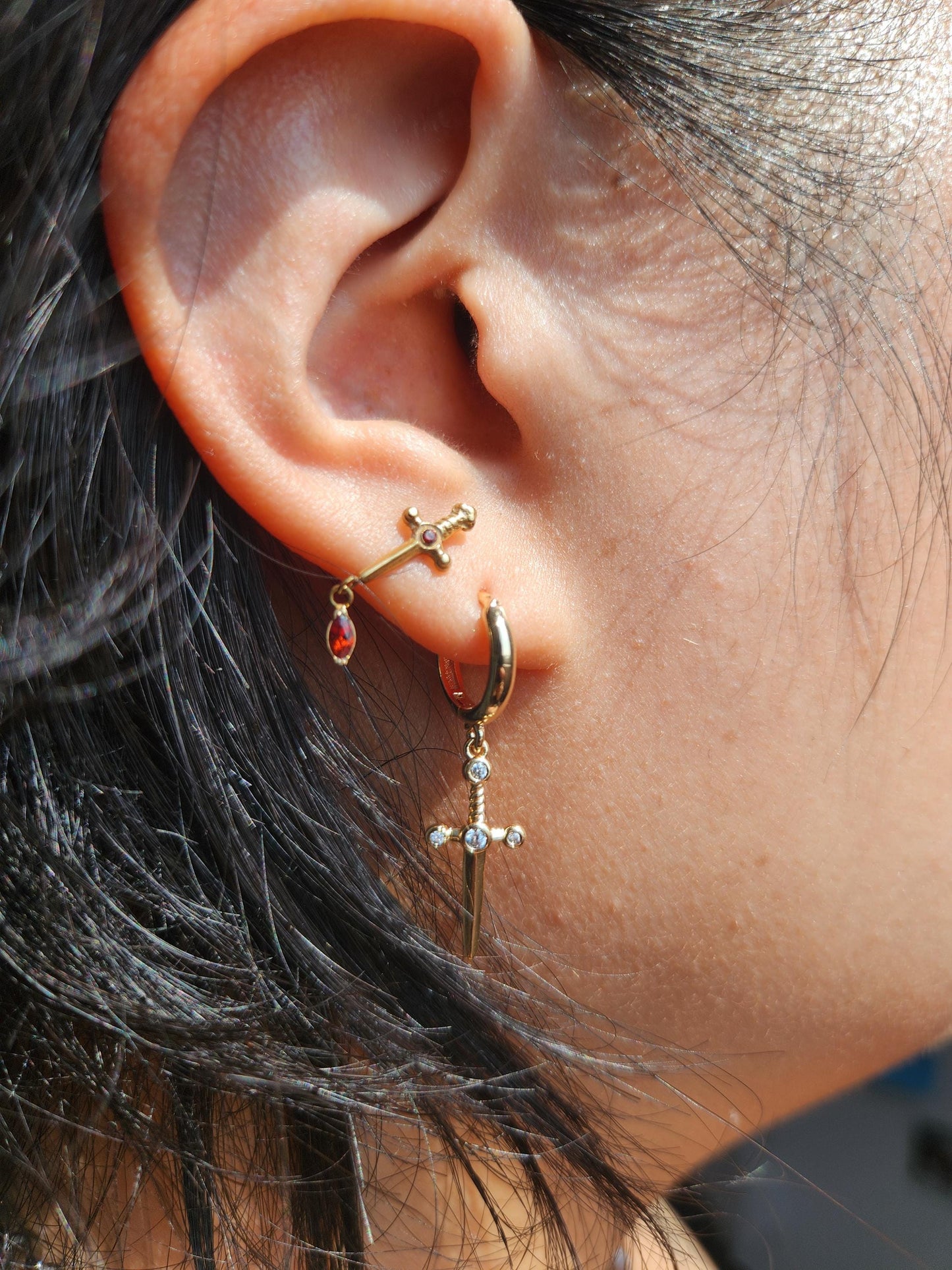 Dainty Dagger Huggies Gold/Silver / Tiny Sword Hoop Earrings