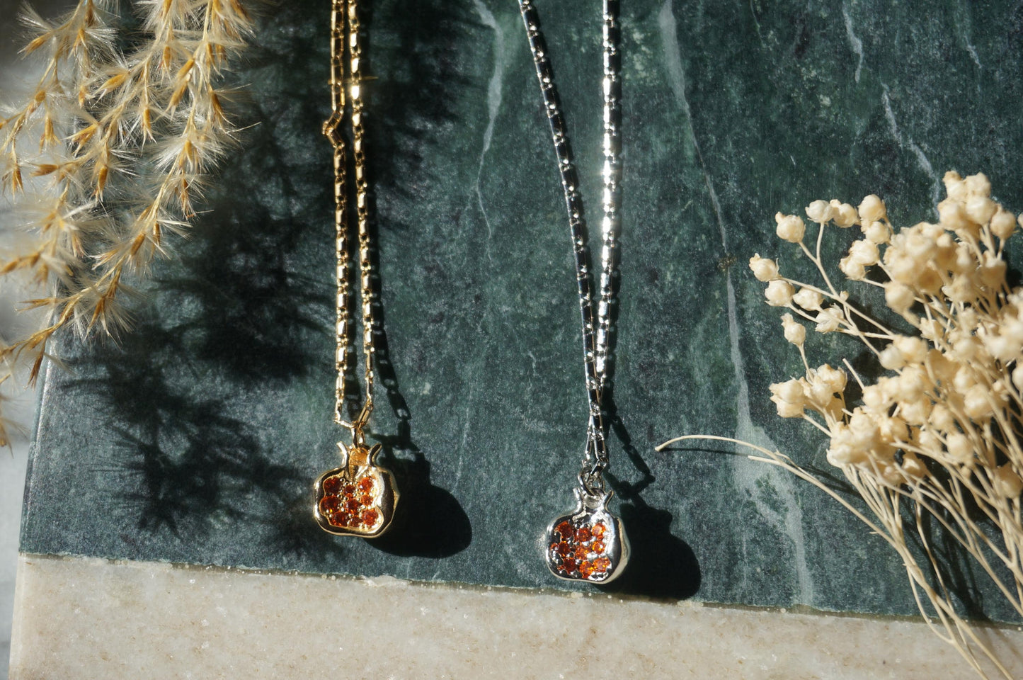 PERSEPHONE Pomegranate/ Hand holding Pomegranate Necklace Gold/Silver / Fruit Necklace