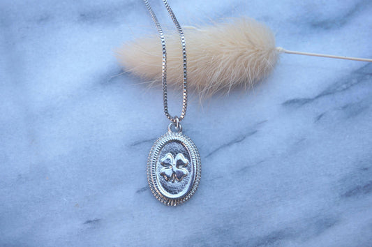 Four Leaf Clover Pendant Medallion Necklace / Silver Medallion Necklace