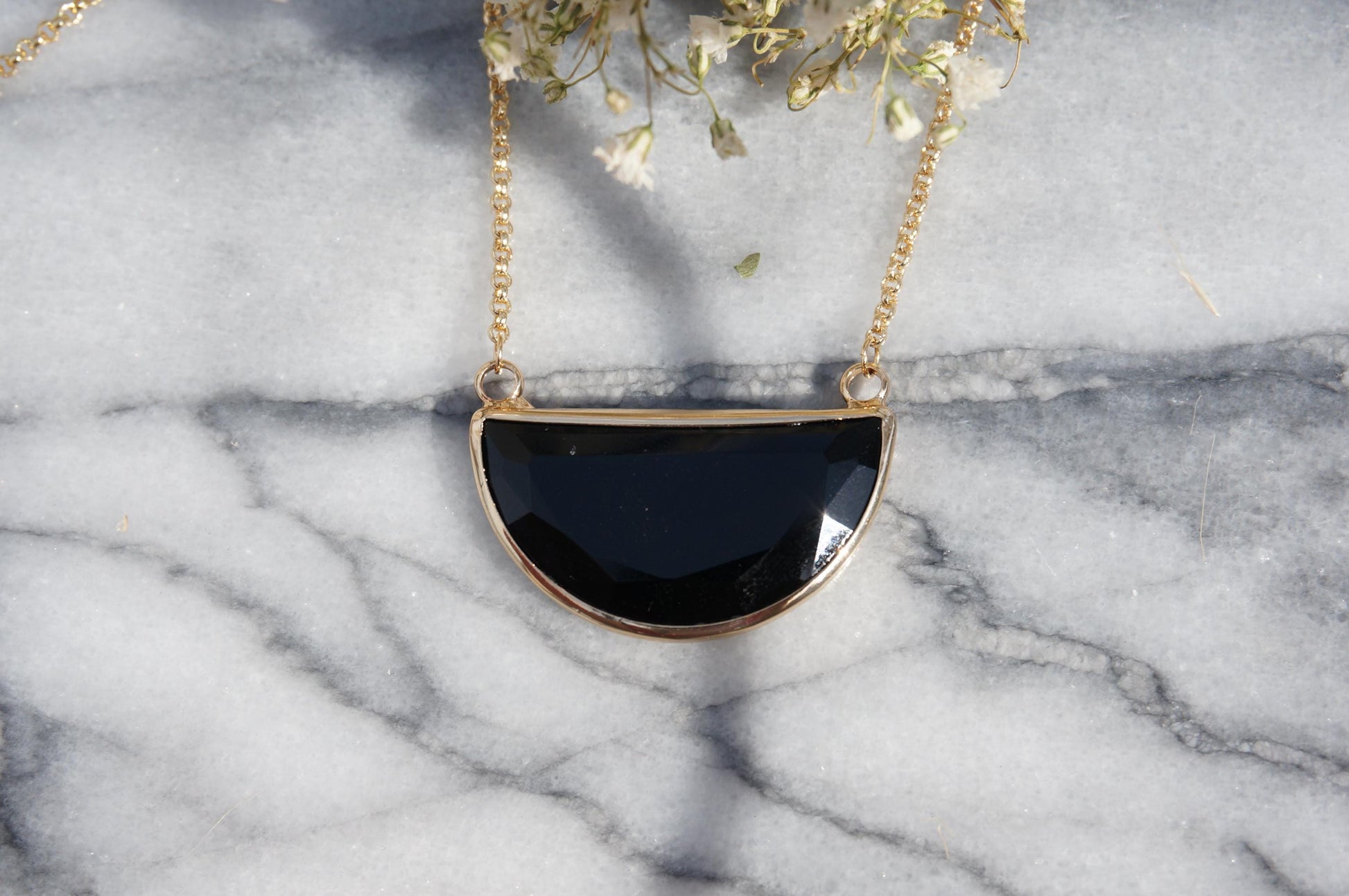 Glass Half Moon Necklace / Black Brown / Geometric Gold Necklace