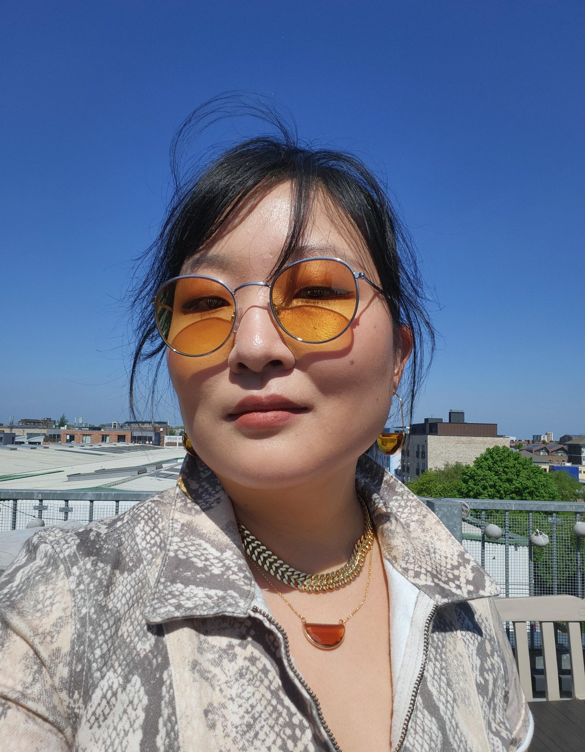 Glass Half Moon Necklace / Black Brown / Geometric Gold Necklace