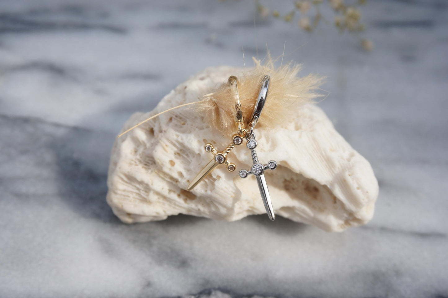 Dainty Dagger Huggies Gold/Silver / Tiny Sword Hoop Earrings
