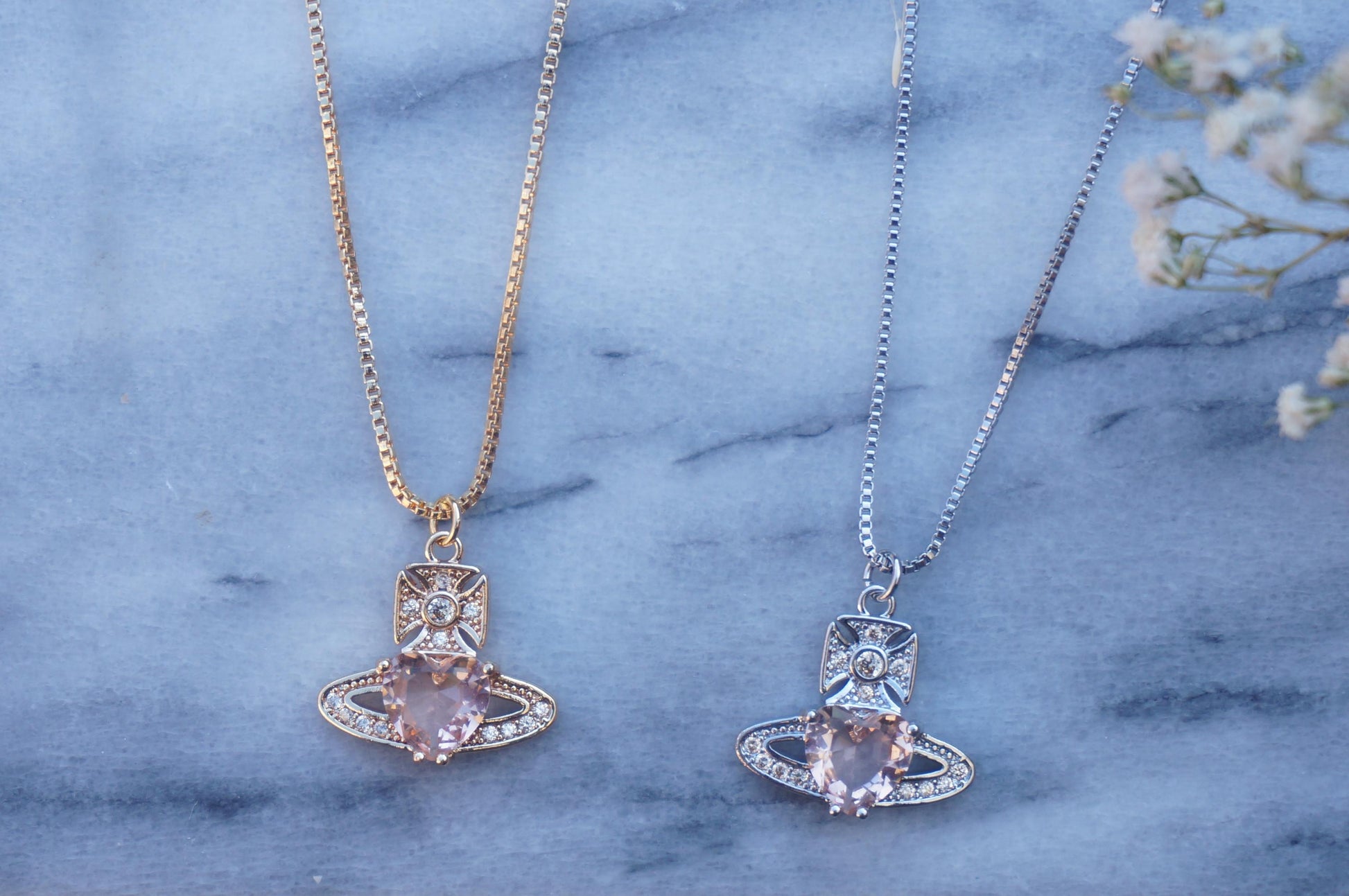 Regal Orb Pendant Necklace / Gold and Silver Peach Heart Gem Necklace